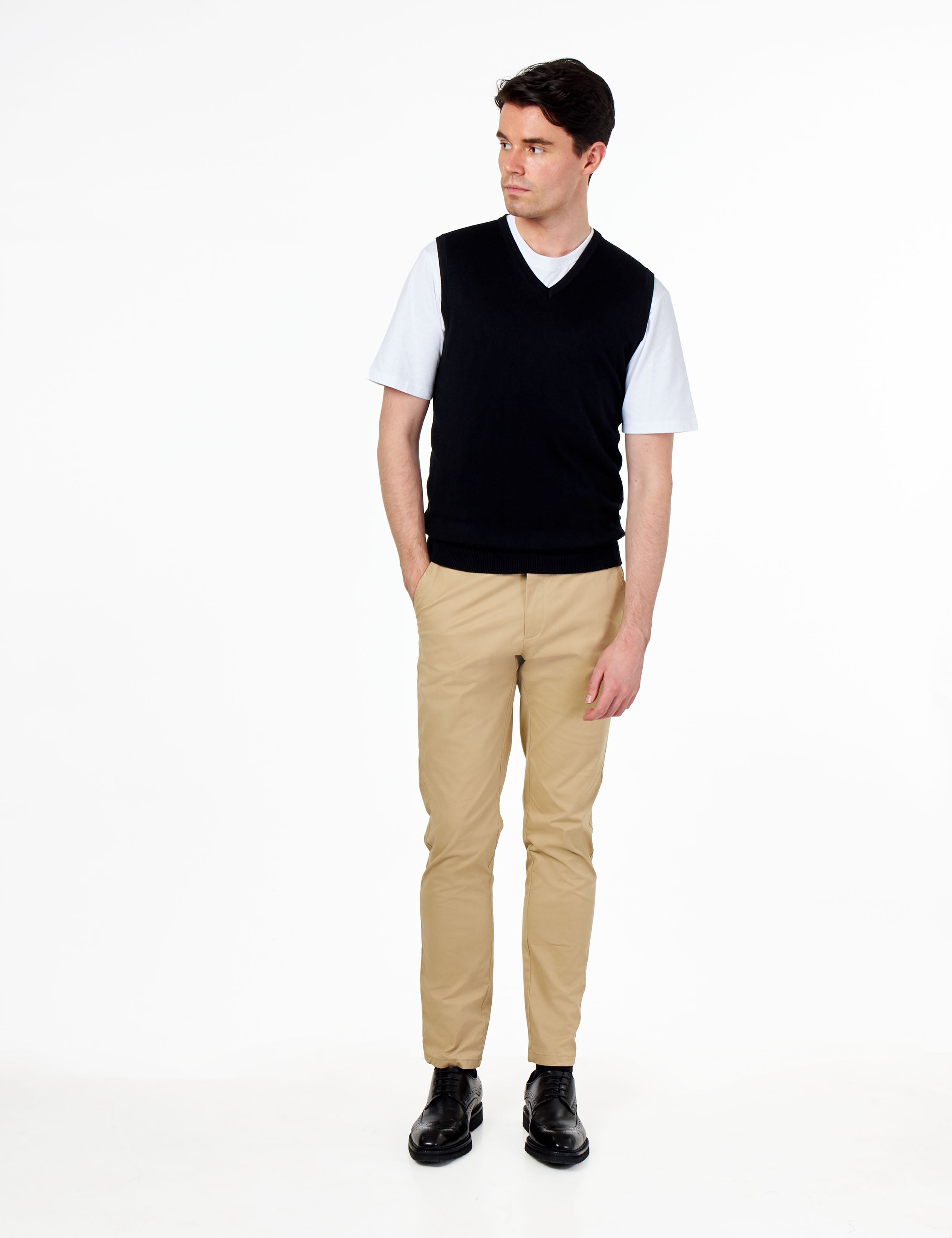 KNITTED COTTON BLACK SLEEVELESS JUMPER V-NECK VEST