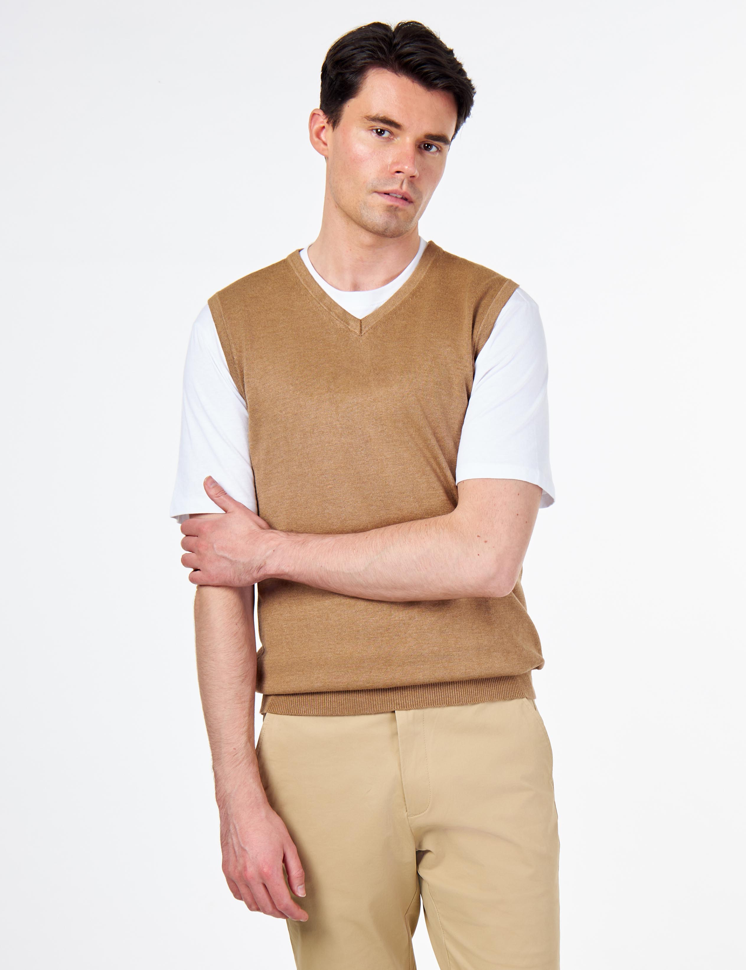 KNITTED COTTON CAMEL SLEEVELESS JUMPER V-NECK VEST