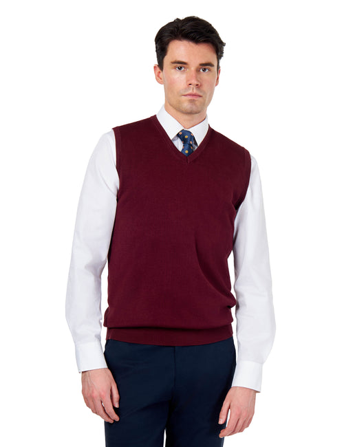 KNITTED COTTON MAROON SLEEVELESS JUMPER V-NECK VEST