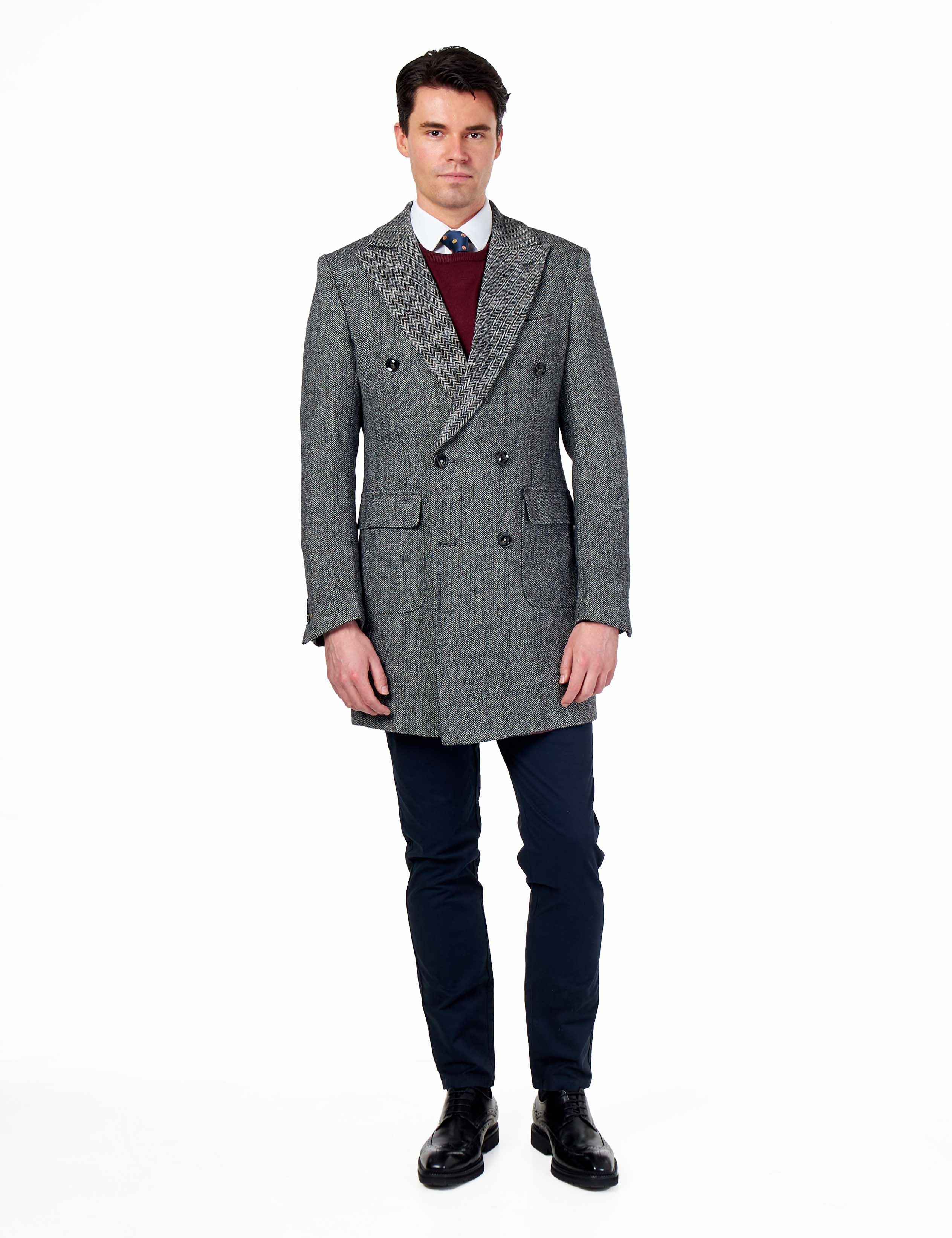 KEPLER – Grey Double Breasted Wool Rich Herringbone Coat