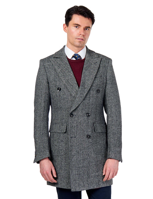 KEPLER – Grey Double Breasted Wool Rich Herringbone Coat