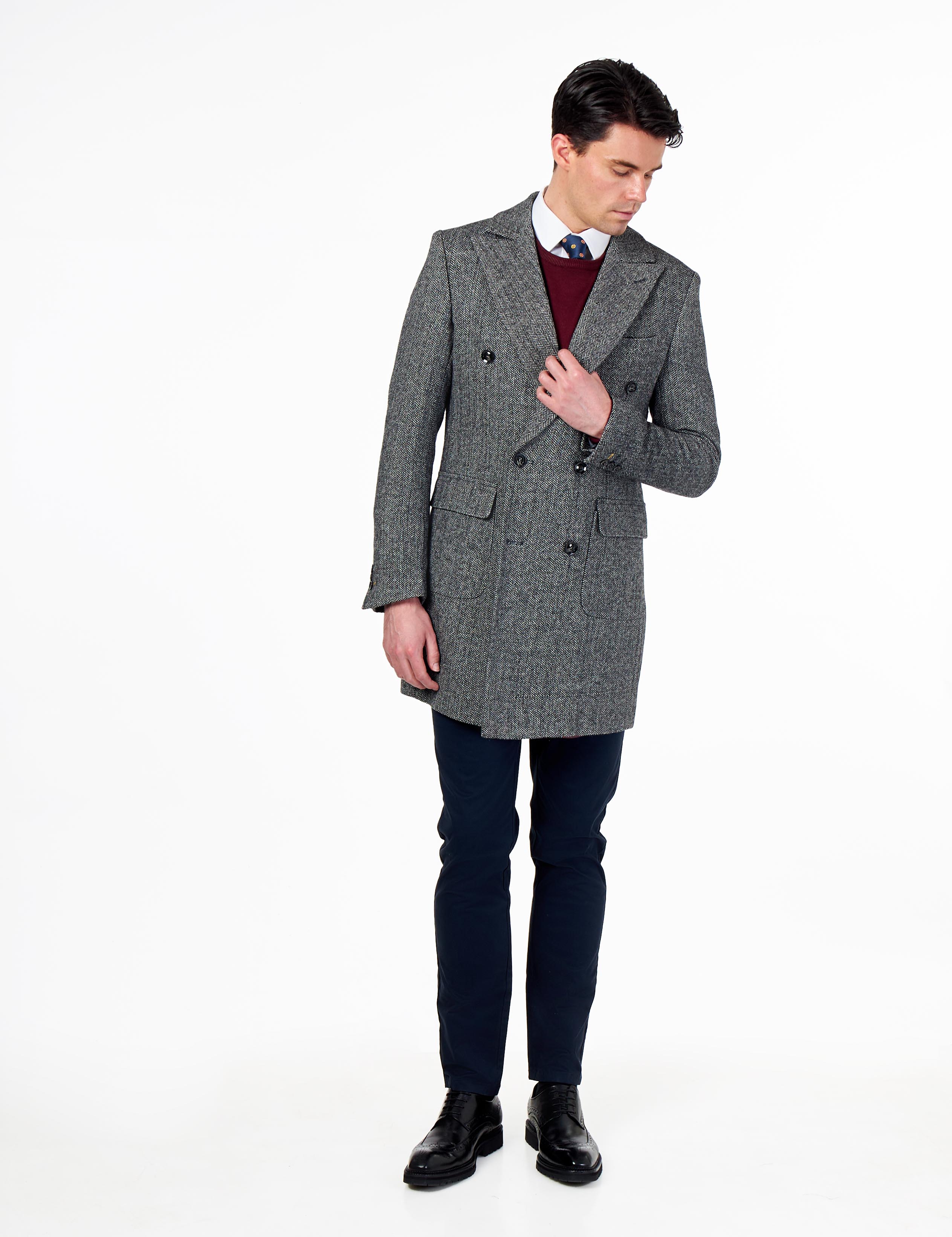 KEPLER – Grey Double Breasted Wool Rich Herringbone Coat