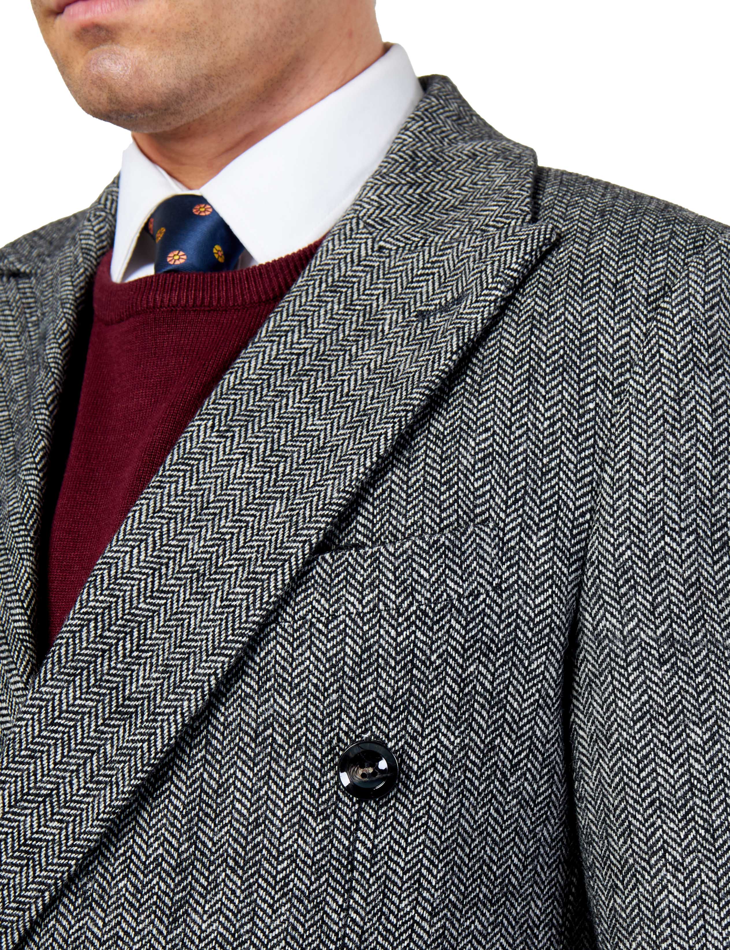 KEPLER – Grey Double Breasted Wool Rich Herringbone Coat