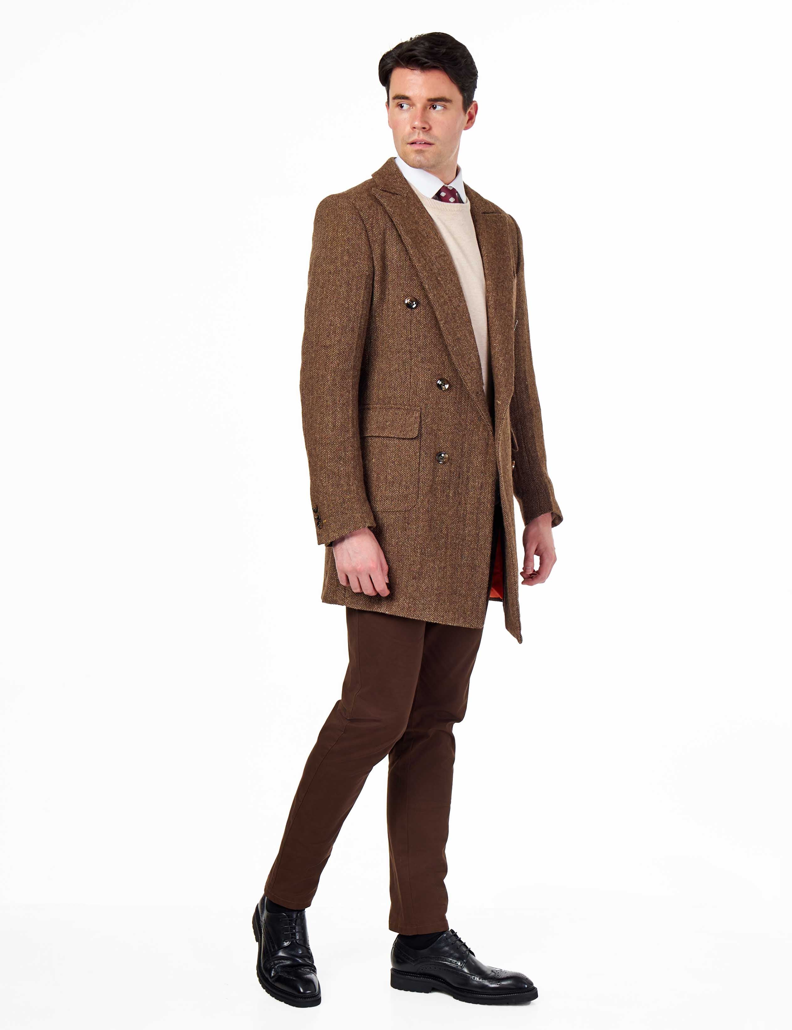 KEPLER – Brown Double Breasted Wool Rich Herringbone Coat