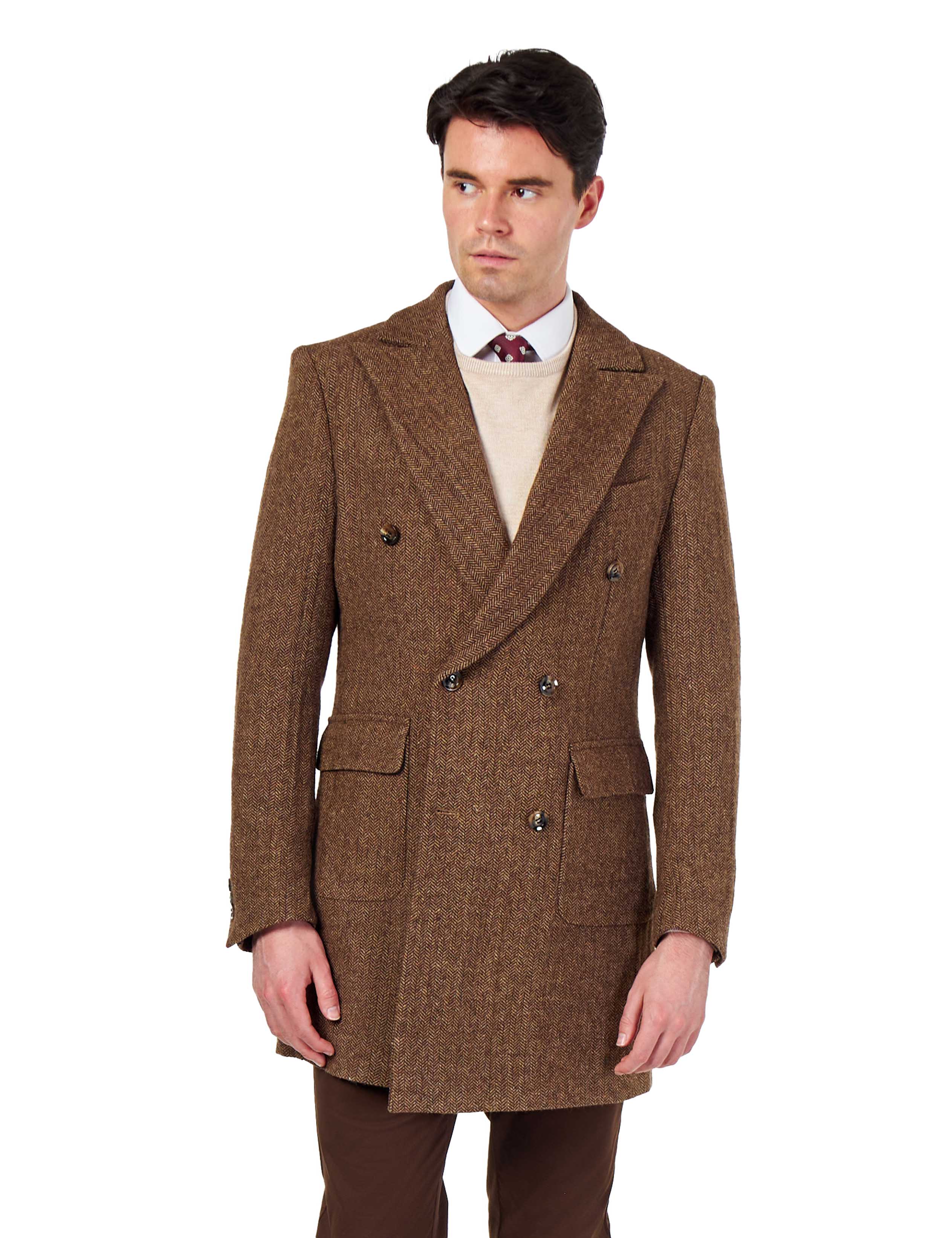 KEPLER – Brown Double Breasted Wool Rich Herringbone Coat