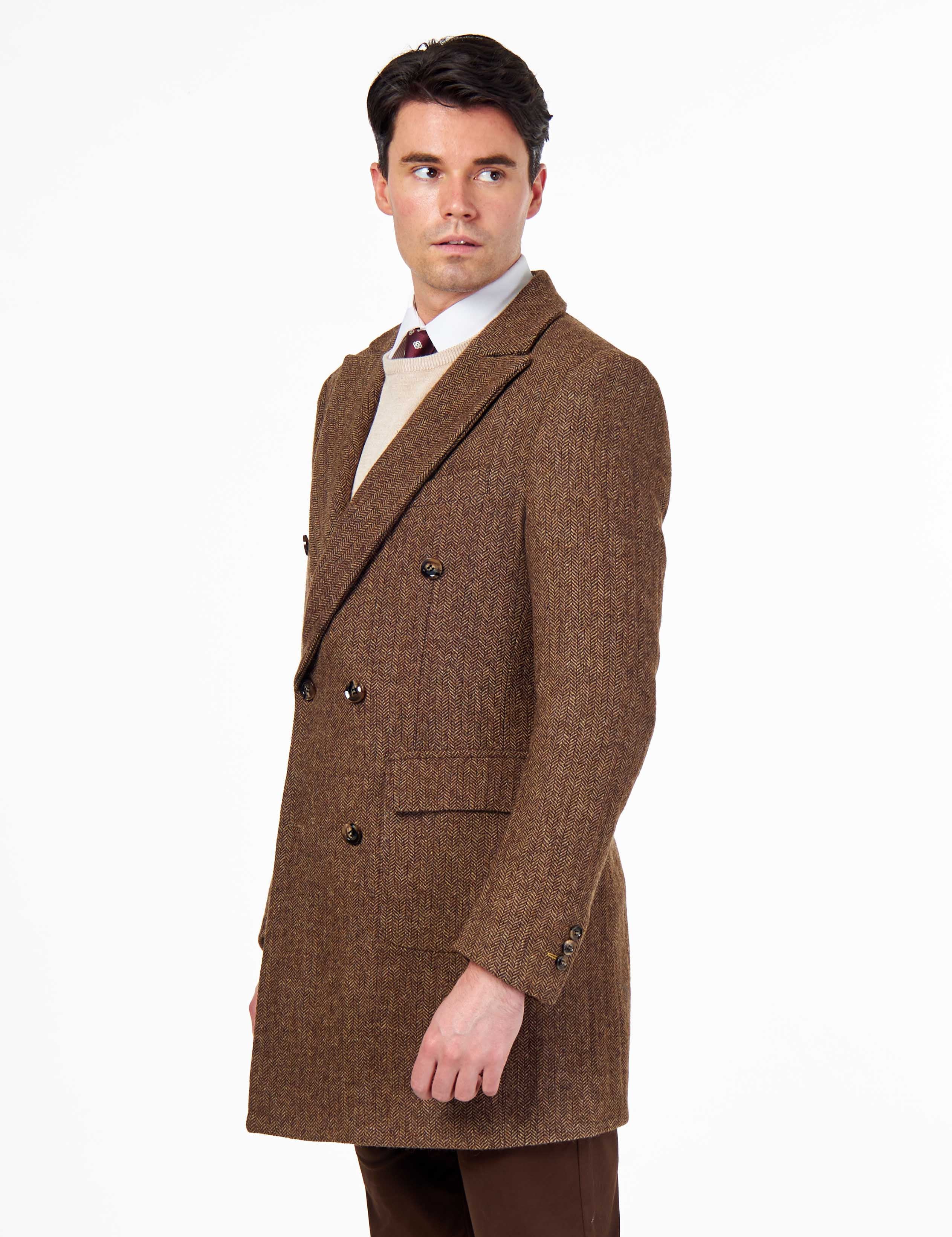 KEPLER – Brown Double Breasted Wool Rich Herringbone Coat