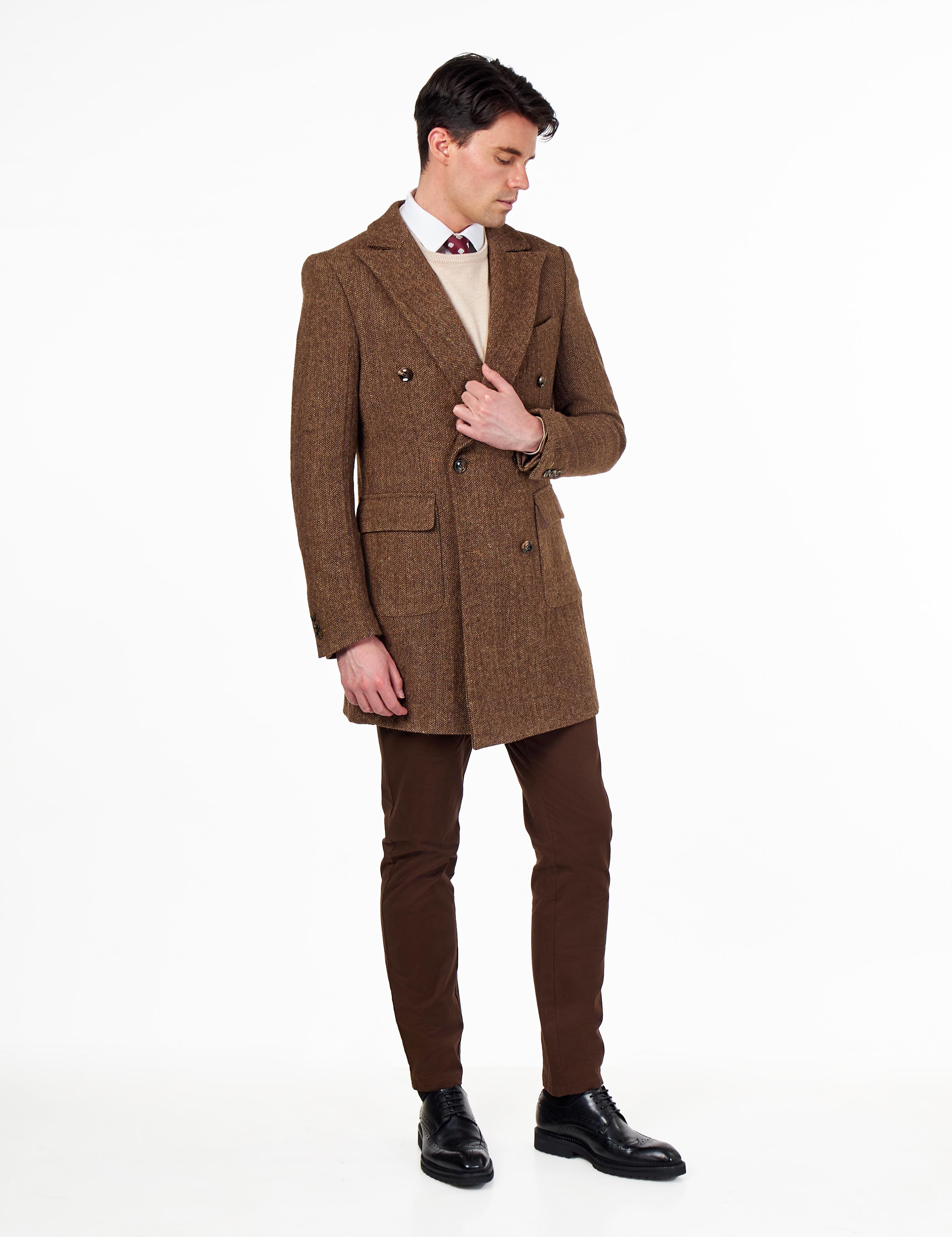 KEPLER – Brown Double Breasted Wool Rich Herringbone Coat