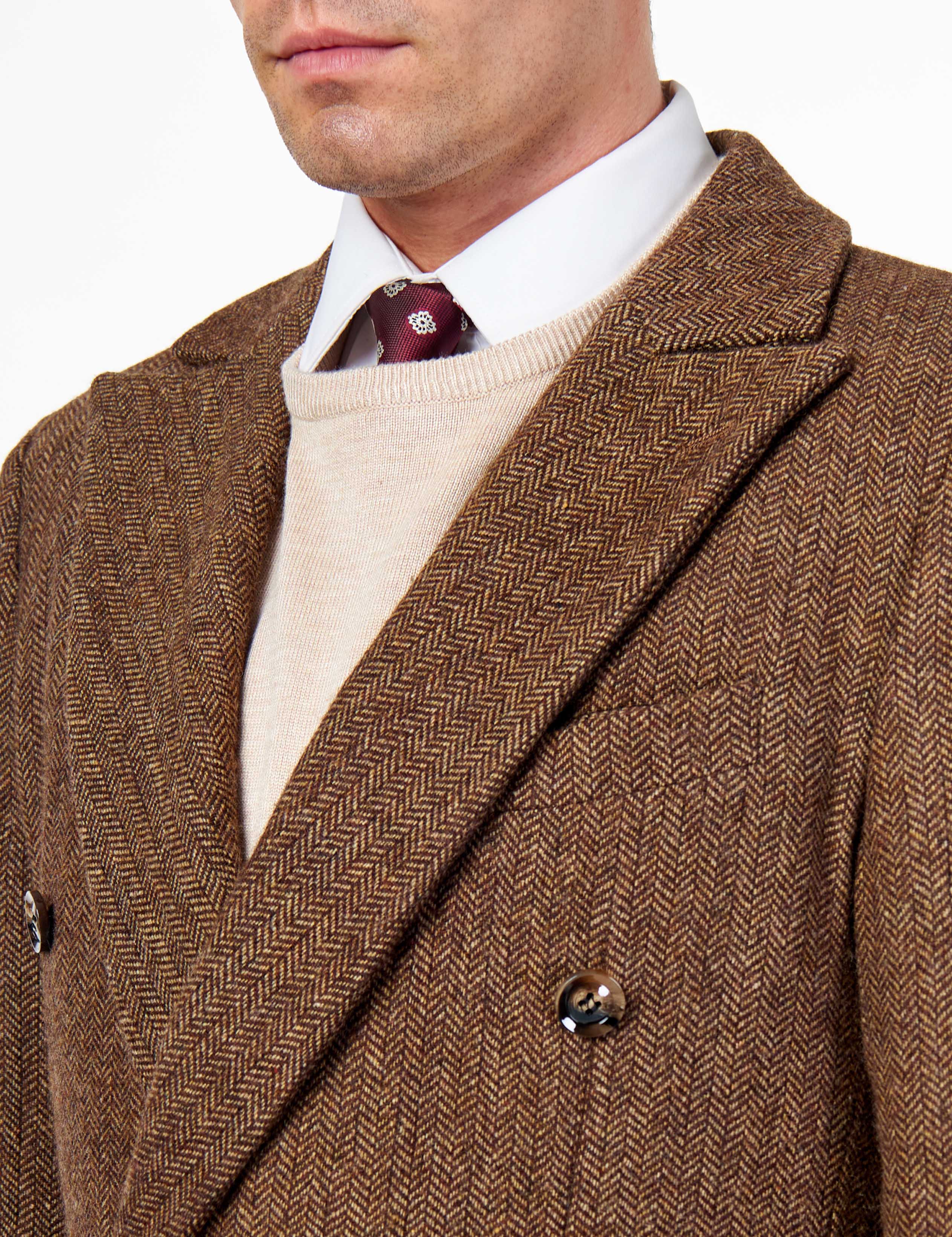 KEPLER – Brown Double Breasted Wool Rich Herringbone Coat