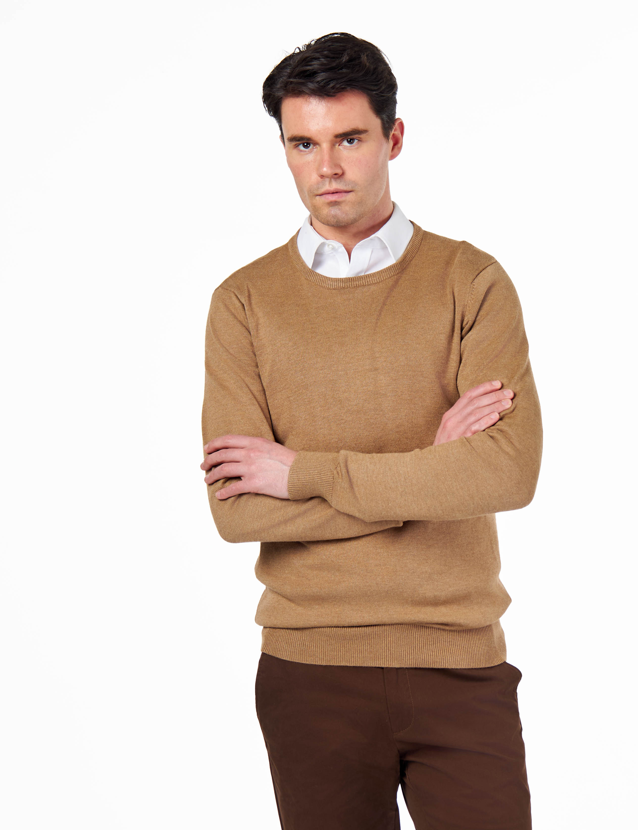 MEN’S PURE COTTON CAMEL CREW NECK JUMPER