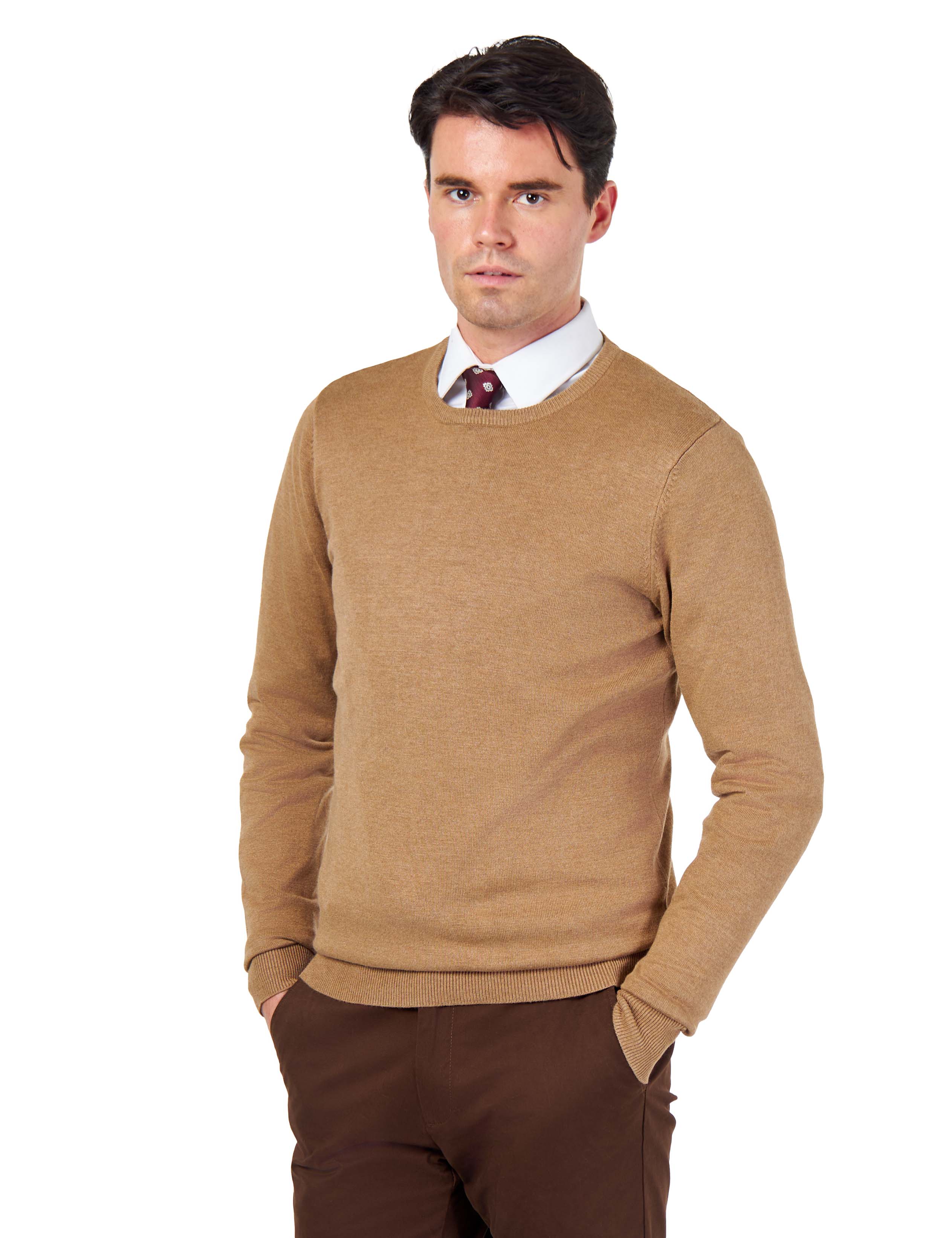 MEN’S PURE COTTON CAMEL CREW NECK JUMPER