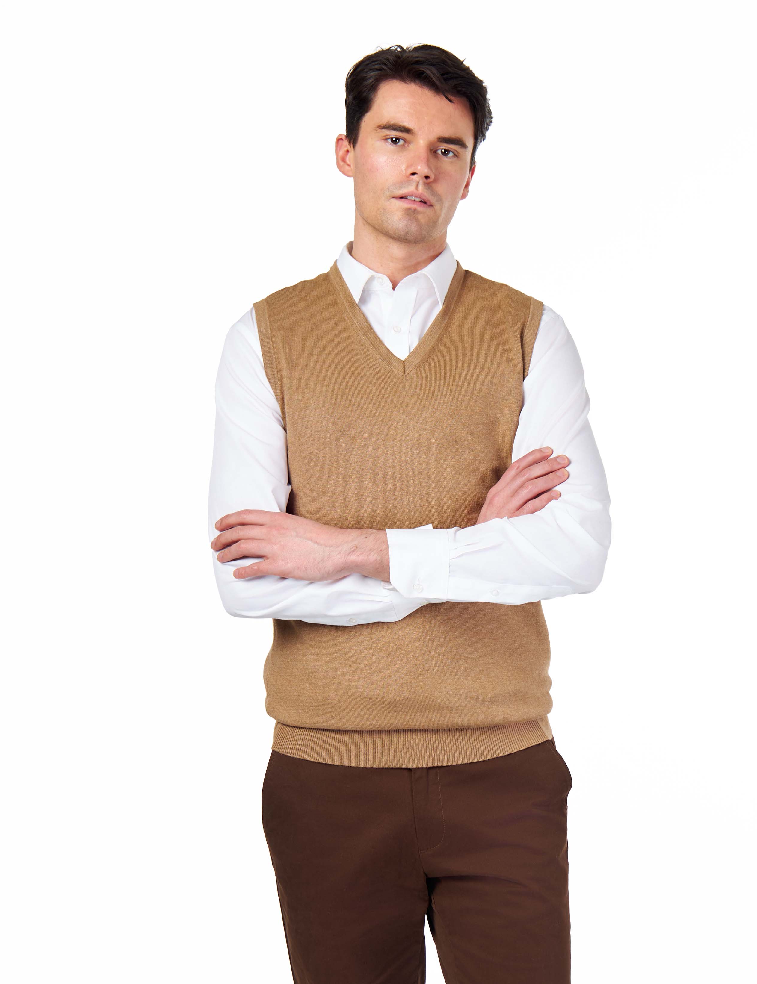 KNITTED COTTON CAMEL SLEEVELESS JUMPER V-NECK VEST