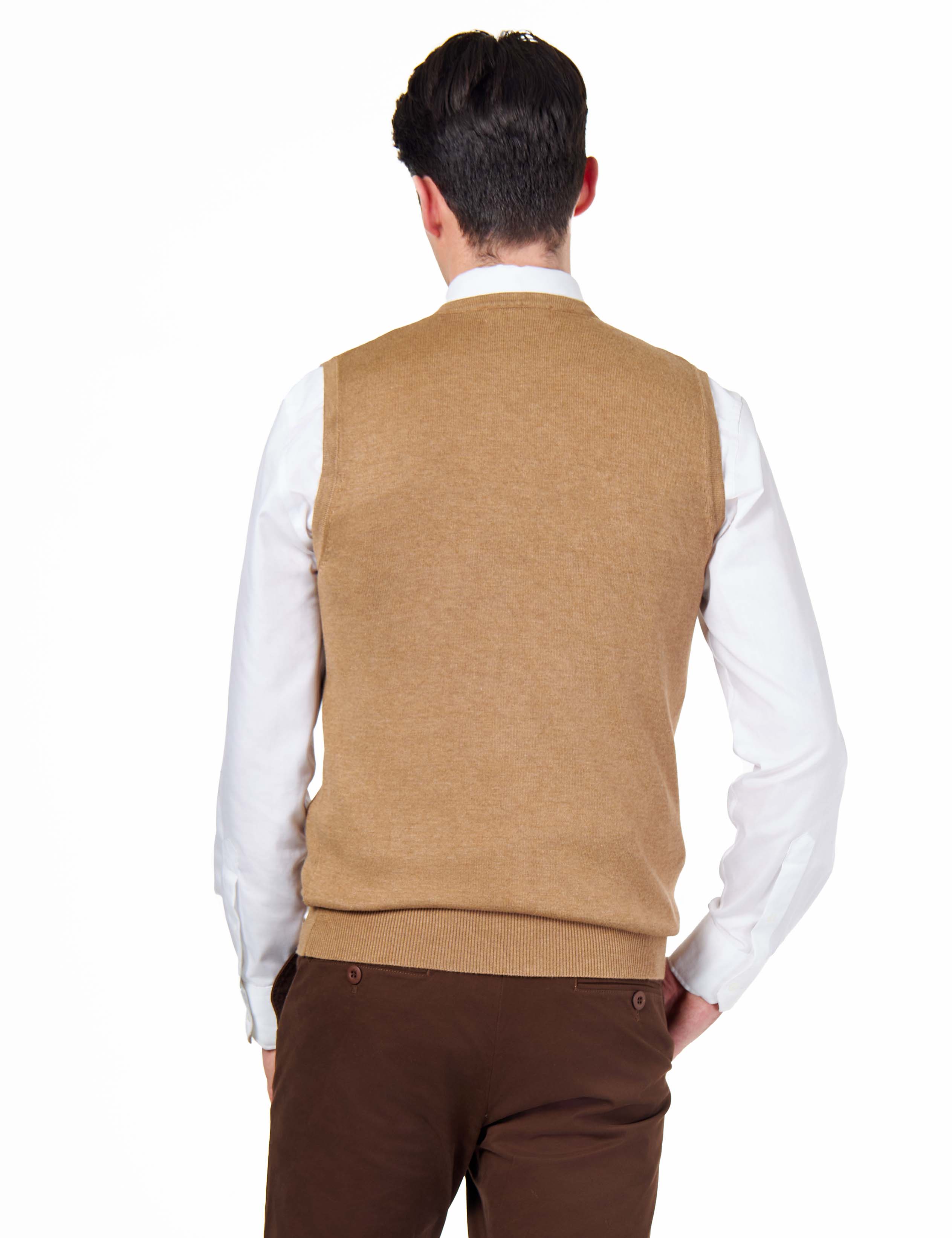 KNITTED COTTON CAMEL SLEEVELESS JUMPER V-NECK VEST