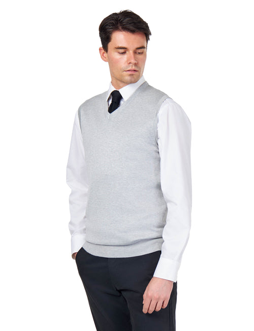 KNITTED COTTON GREY SLEEVELESS JUMPER V-NECK VEST