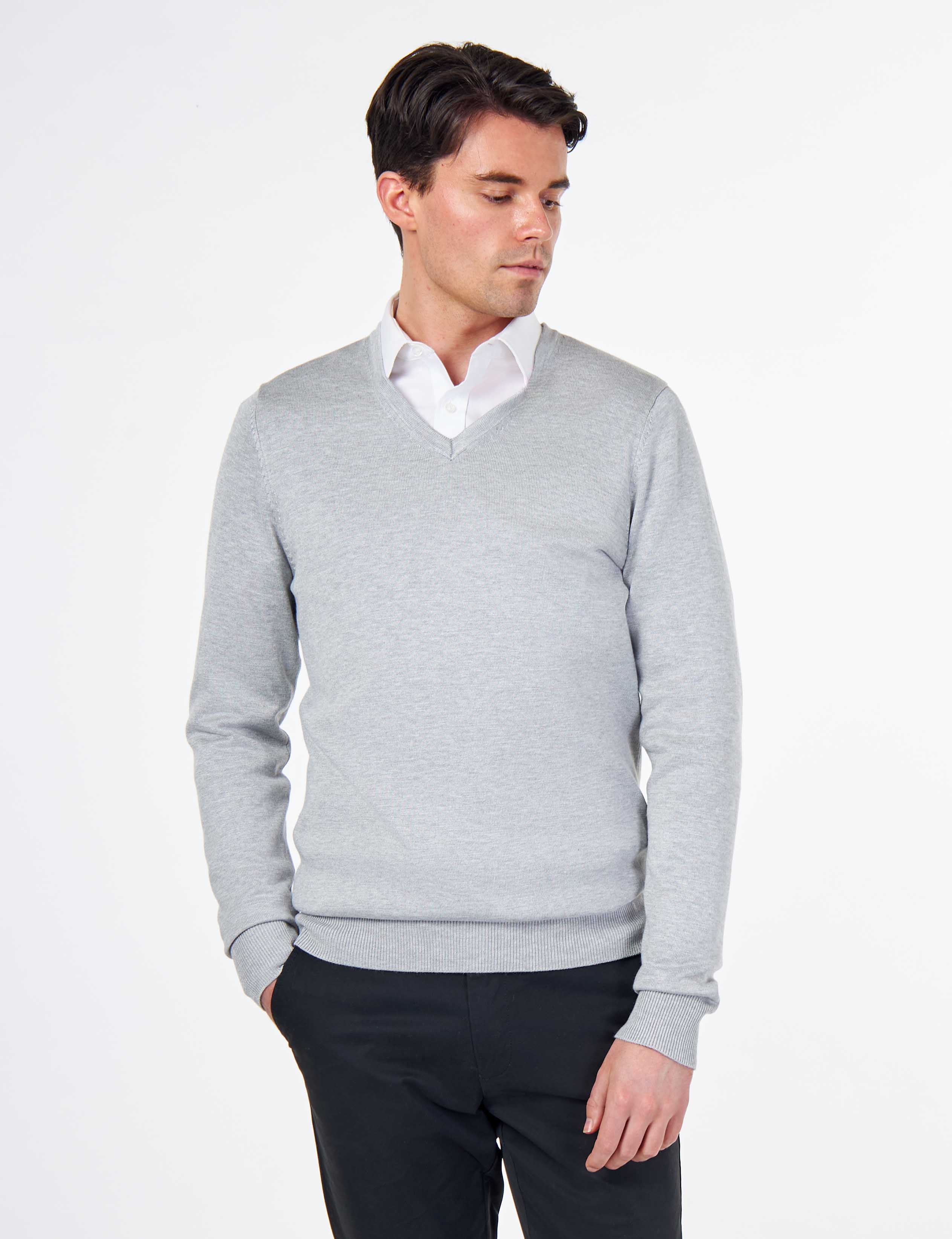 MEN’S COTTON V-NECK LIGHT GREY JUMPER FINE KNIT LIGHTWEIGHT