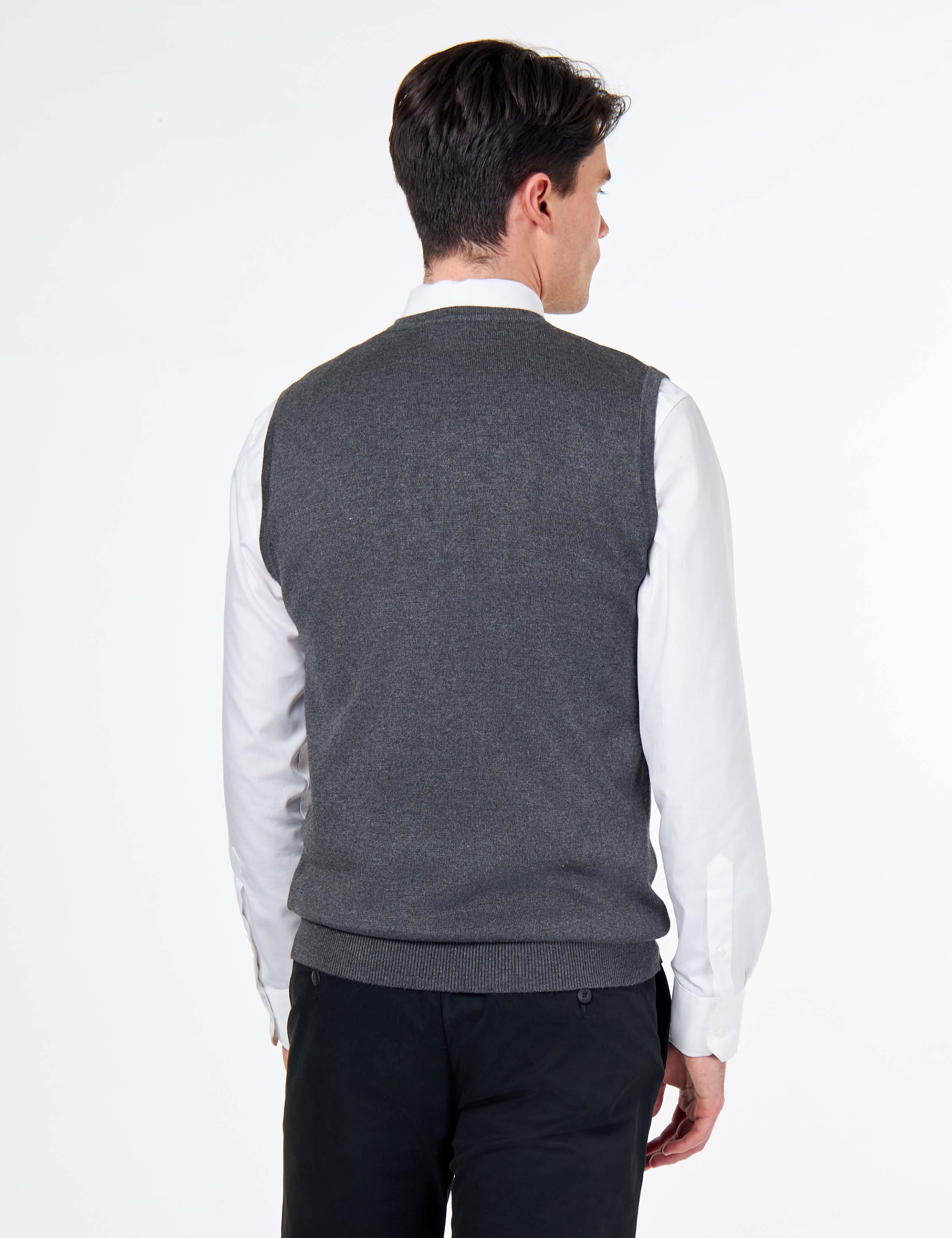 KNITTED COTTON CHARCOAL SLEEVELESS JUMPER V-NECK VEST