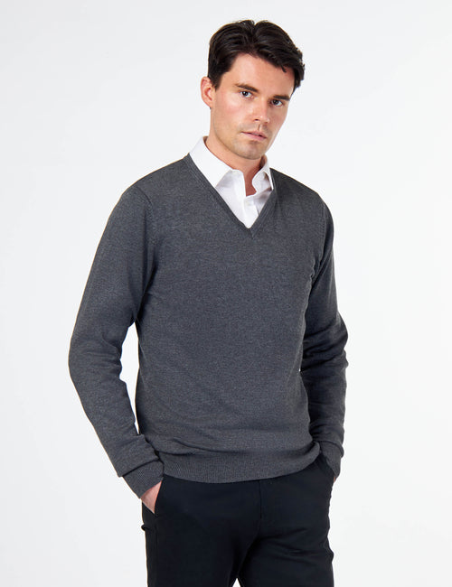 MEN’S COTTON V-NECK CHARCOAL JUMPER FINE KNIT LIGHTWEIGHT