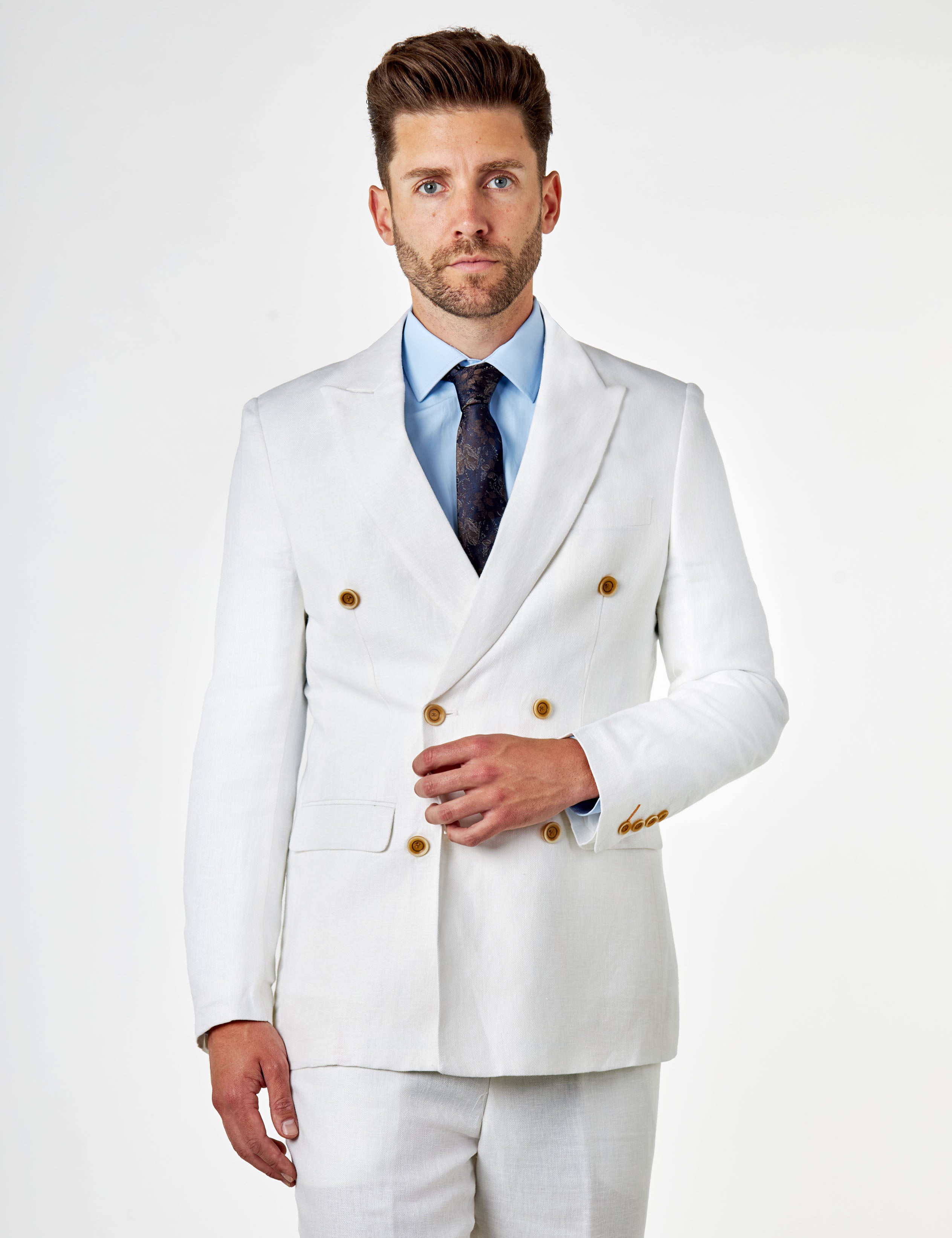 RAY - Tailored Fit Double Breasted Suit Off White Herringbone Linen