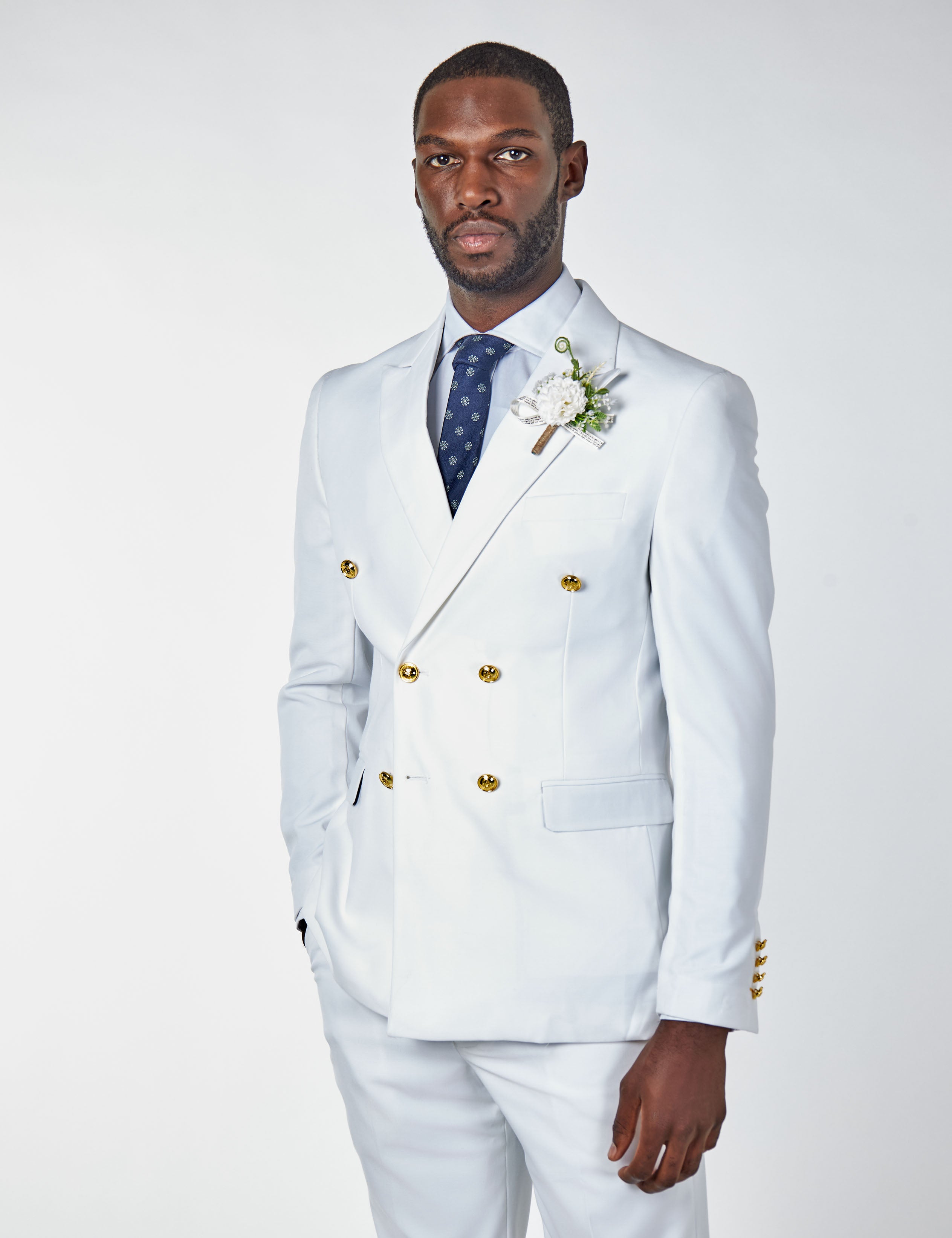 WHITE DOUBLE BREASTED TAILORED SUIT GOLD BUTTONS