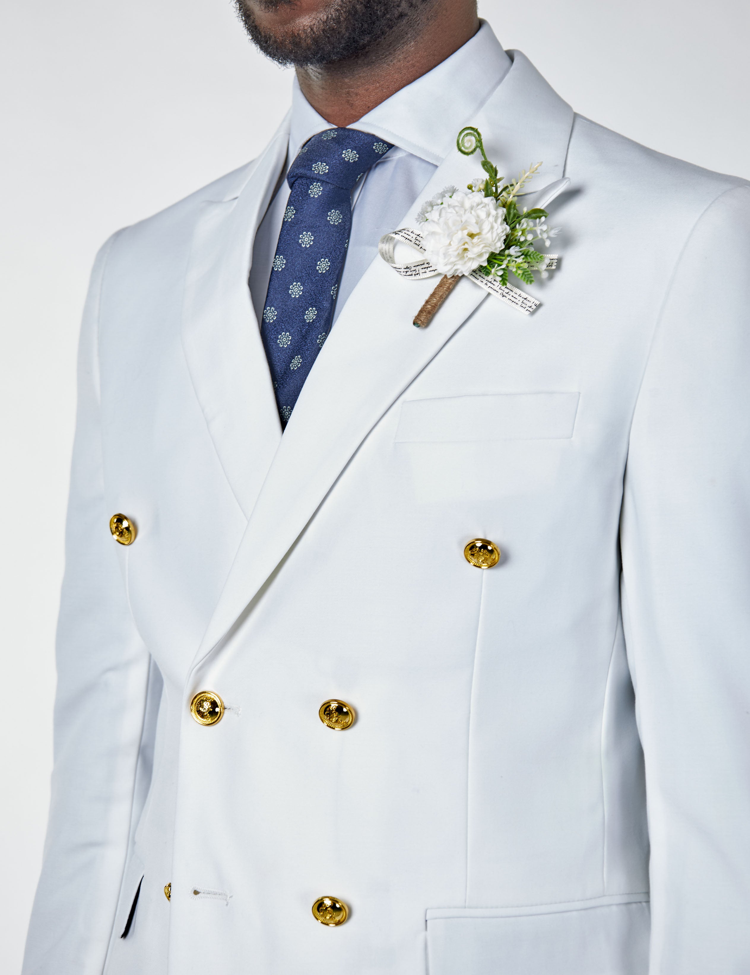 WHITE DOUBLE BREASTED TAILORED SUIT GOLD BUTTONS