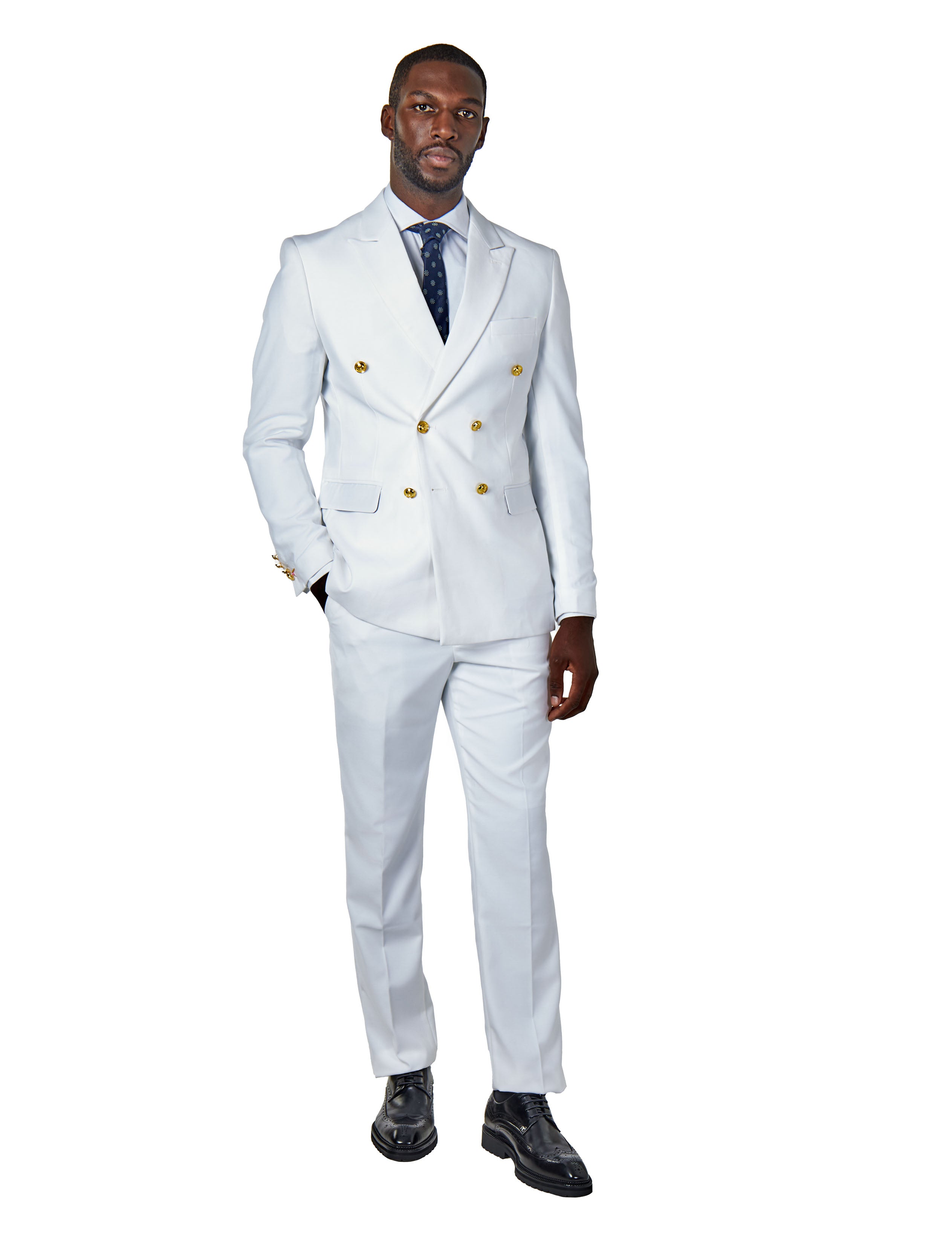 WHITE DOUBLE BREASTED TAILORED SUIT GOLD BUTTONS