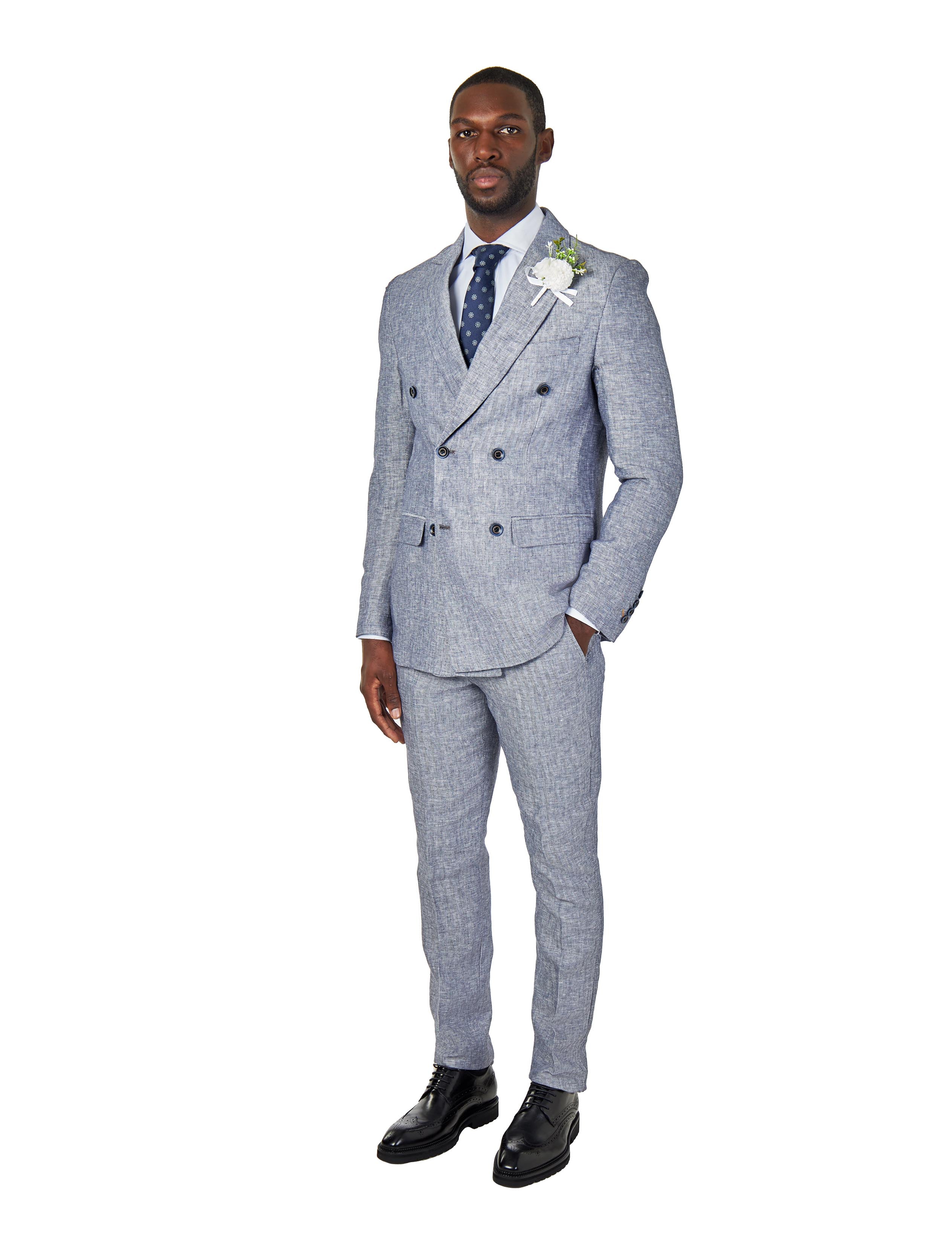 RAY - TAILORED FIT GREY BLUE HERRINGBONE LINEN DOUBLE BREASTED JACKET