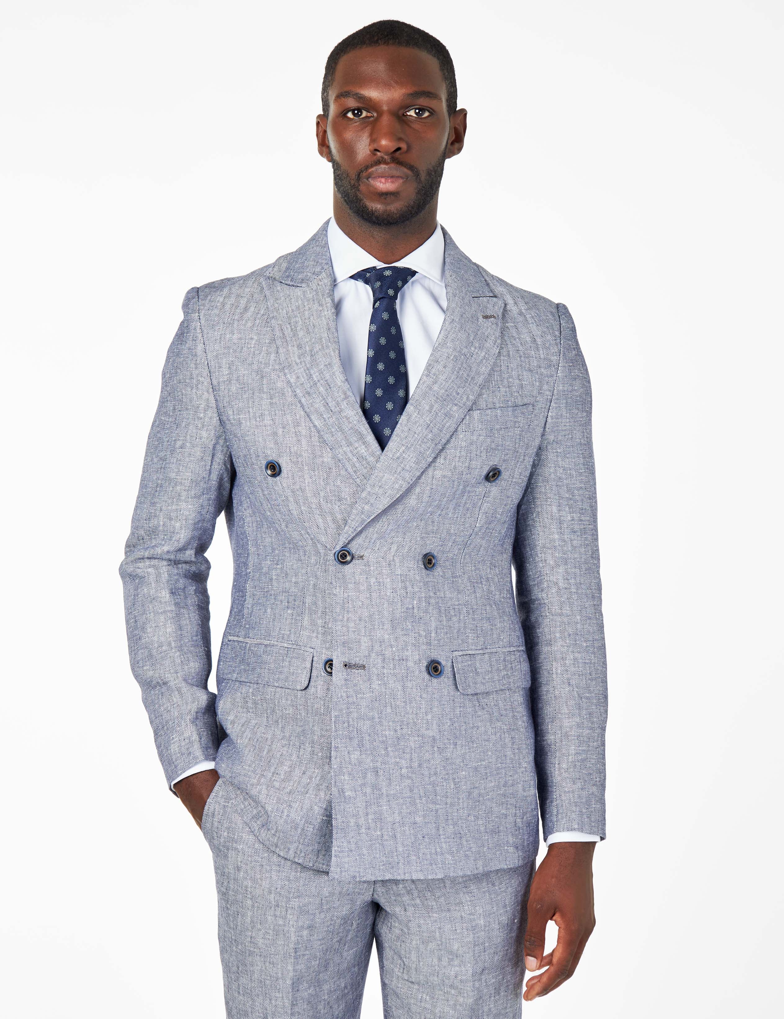 RAY – Grey Blue Tailored Fit Double Breasted Suit Herringbone Linen