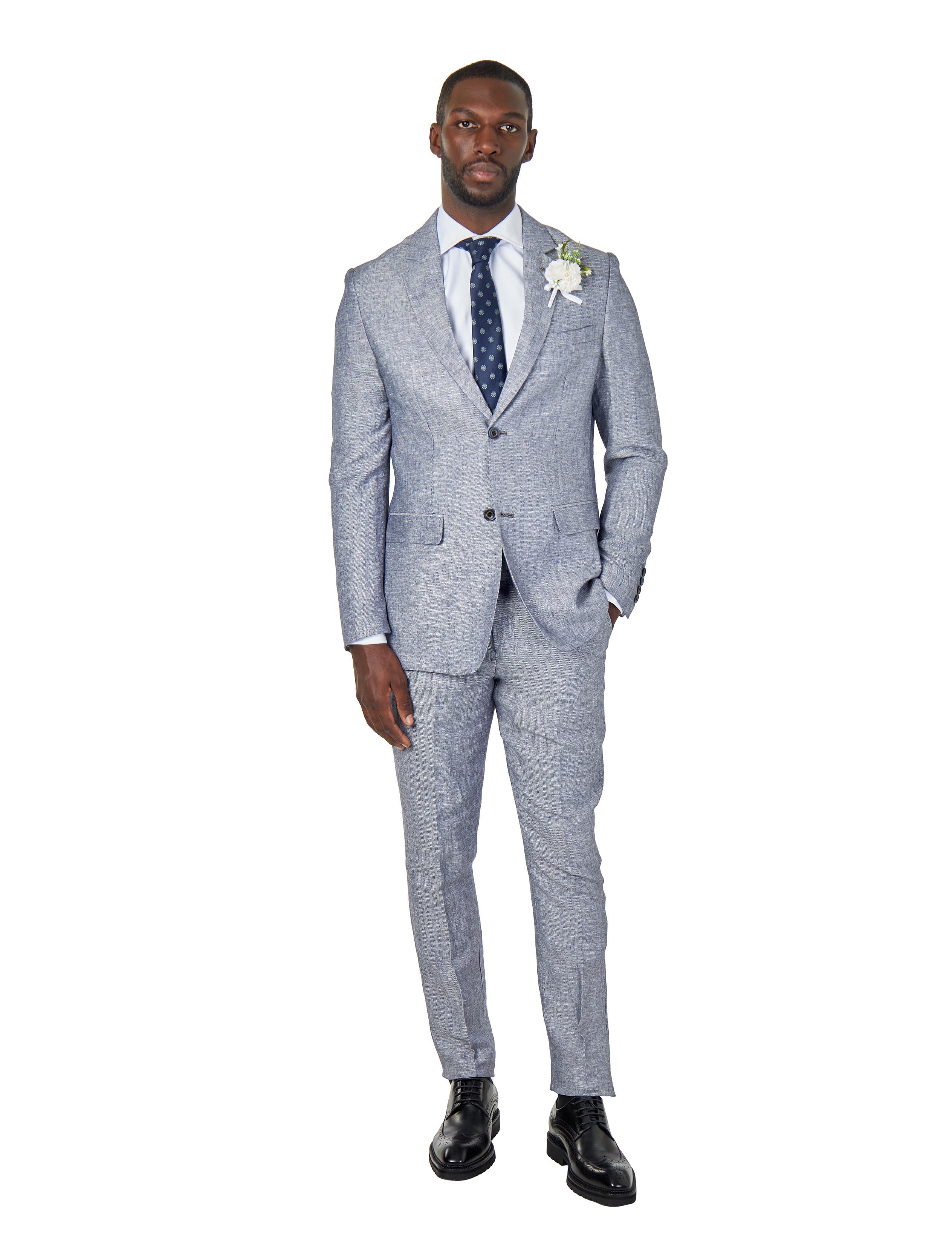 RAY - GREY BLUE HERRINGBONE LINEN SUIT TROUSERS TAILORED FIT