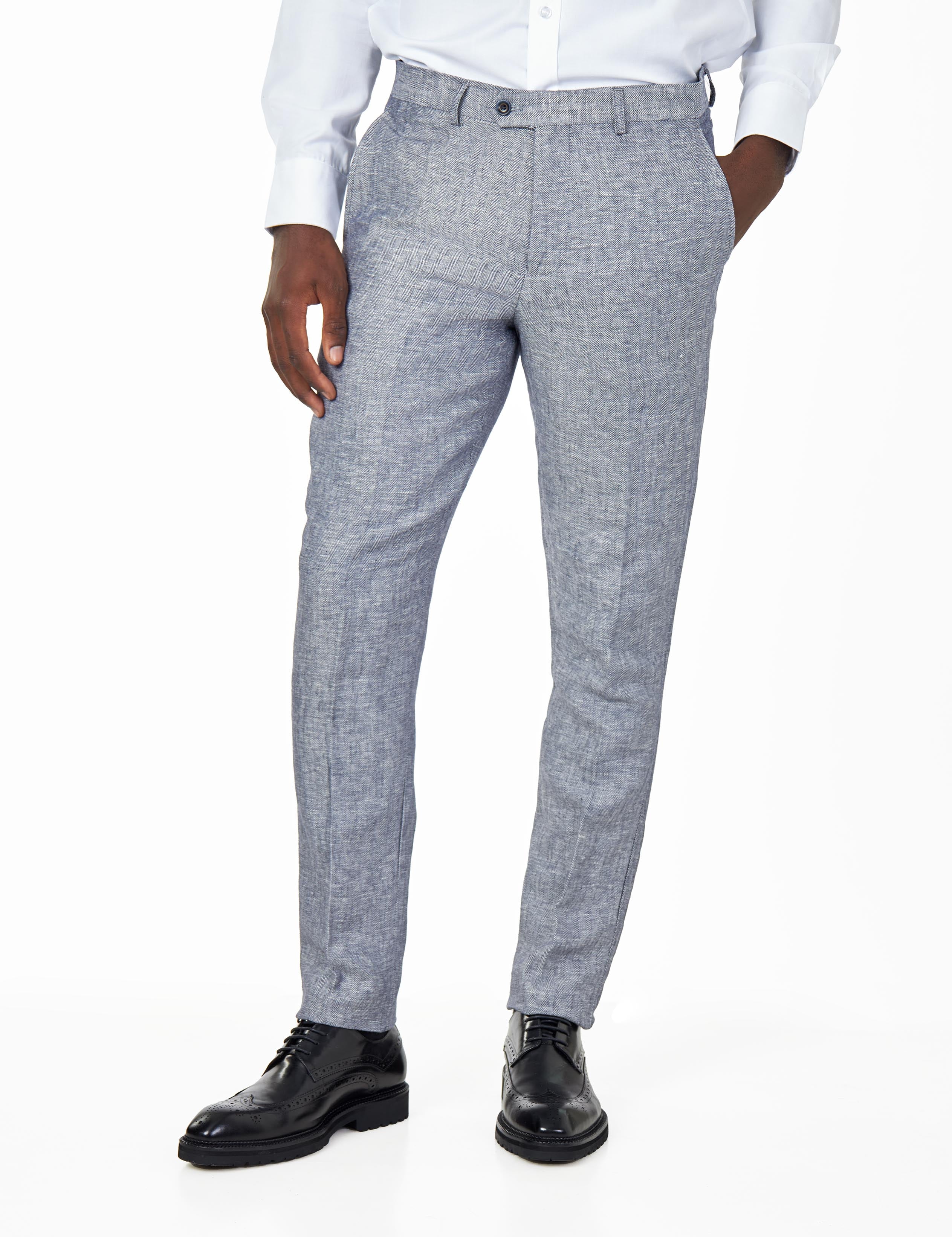 RAY - GREY BLUE HERRINGBONE LINEN SUIT TROUSERS TAILORED FIT