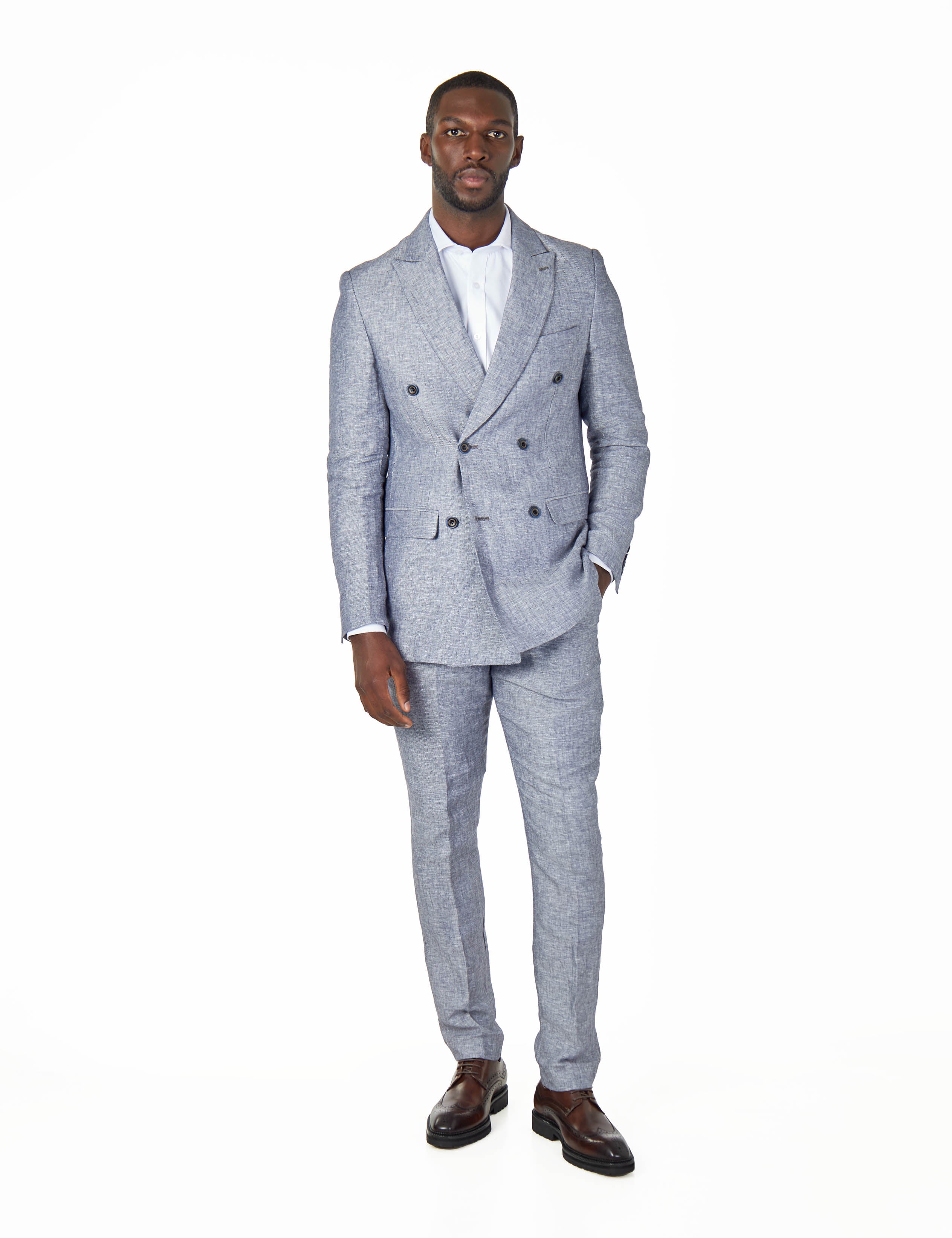 RAY - GREY BLUE LINEN DOUBLE BREASTED JACKET WITH CHINO