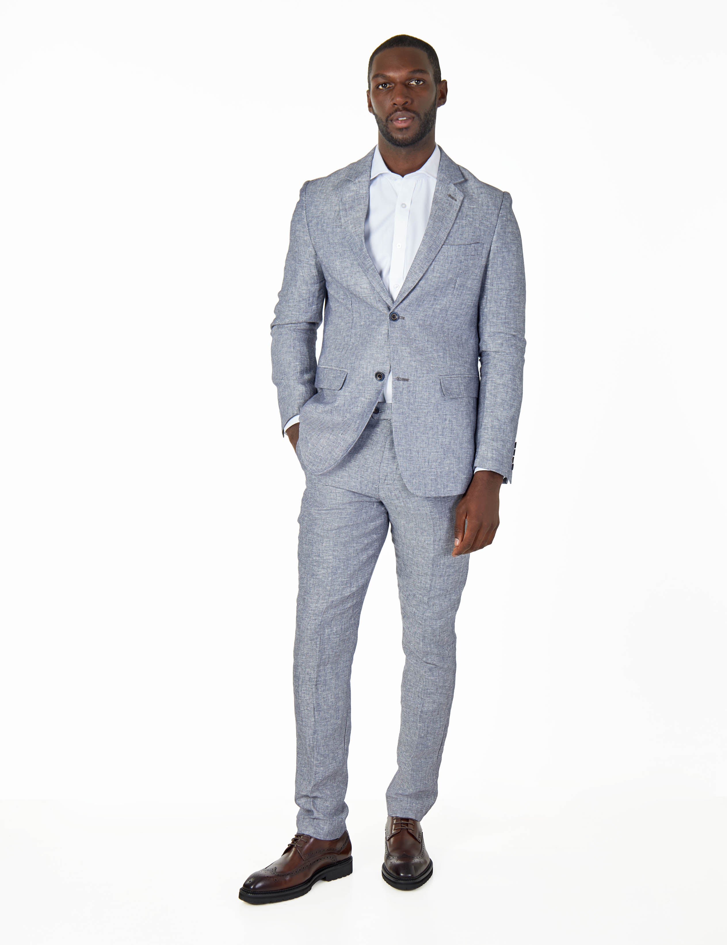 RAY - TAILORED FIT BLUE GREY HERRINGBONE LINEN SUIT JACKET