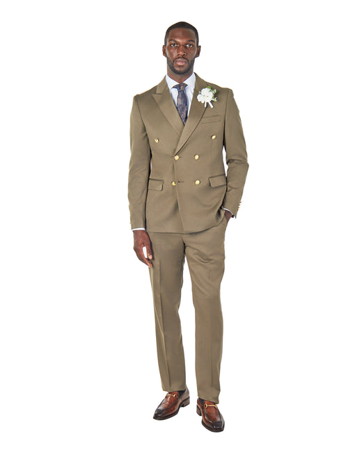 EZRA – KHAKI TAILORED FIT DOUBLE BREASTED SUIT WITH GOLD TONE BUTTONS