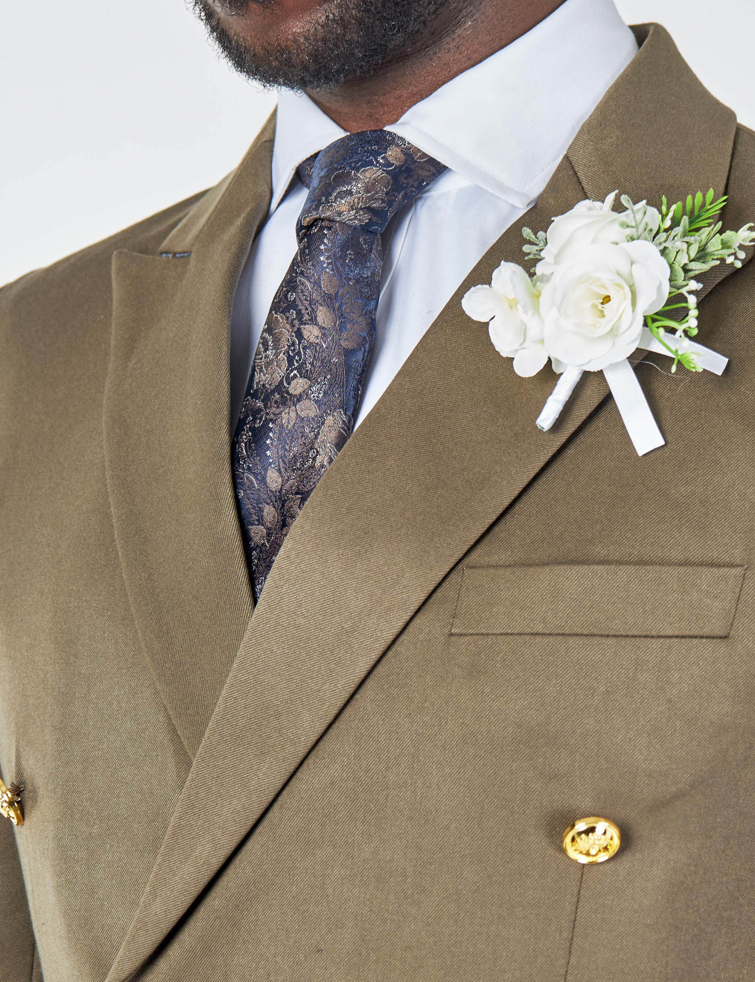 EZRA – KHAKI TAILORED FIT DOUBLE BREASTED SUIT WITH GOLD TONE BUTTONS