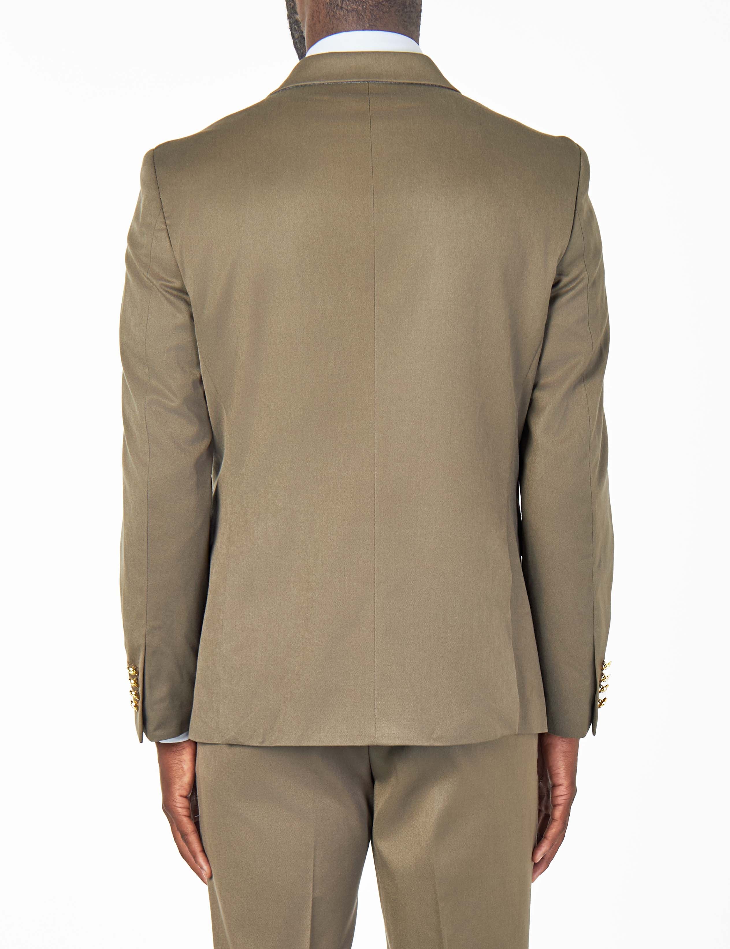 EZRA – KHAKI TAILORED FIT DOUBLE BREASTED SUIT WITH GOLD TONE BUTTONS