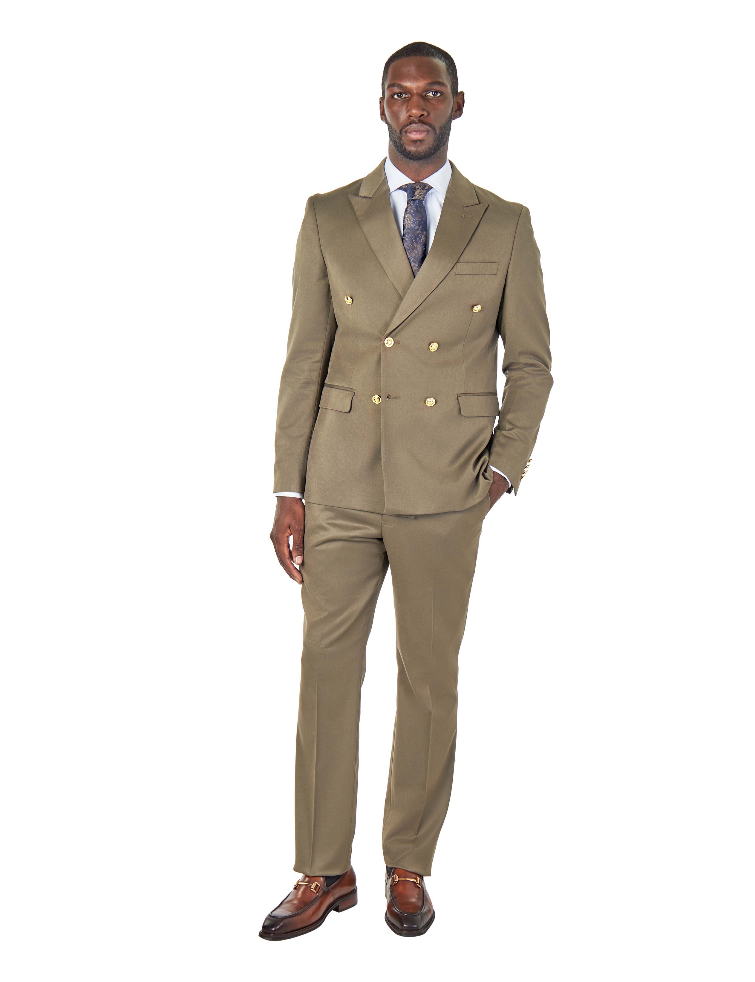 EZRA – KHAKI TAILORED FIT DOUBLE BREASTED SUIT WITH GOLD TONE BUTTONS