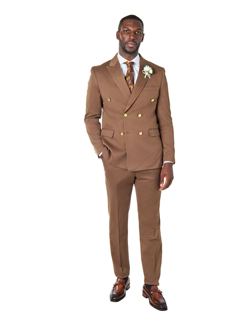 EZRA – BROWN TAILORED FIT DOUBLE BREASTED SUIT WITH GOLD TONE BUTTONS