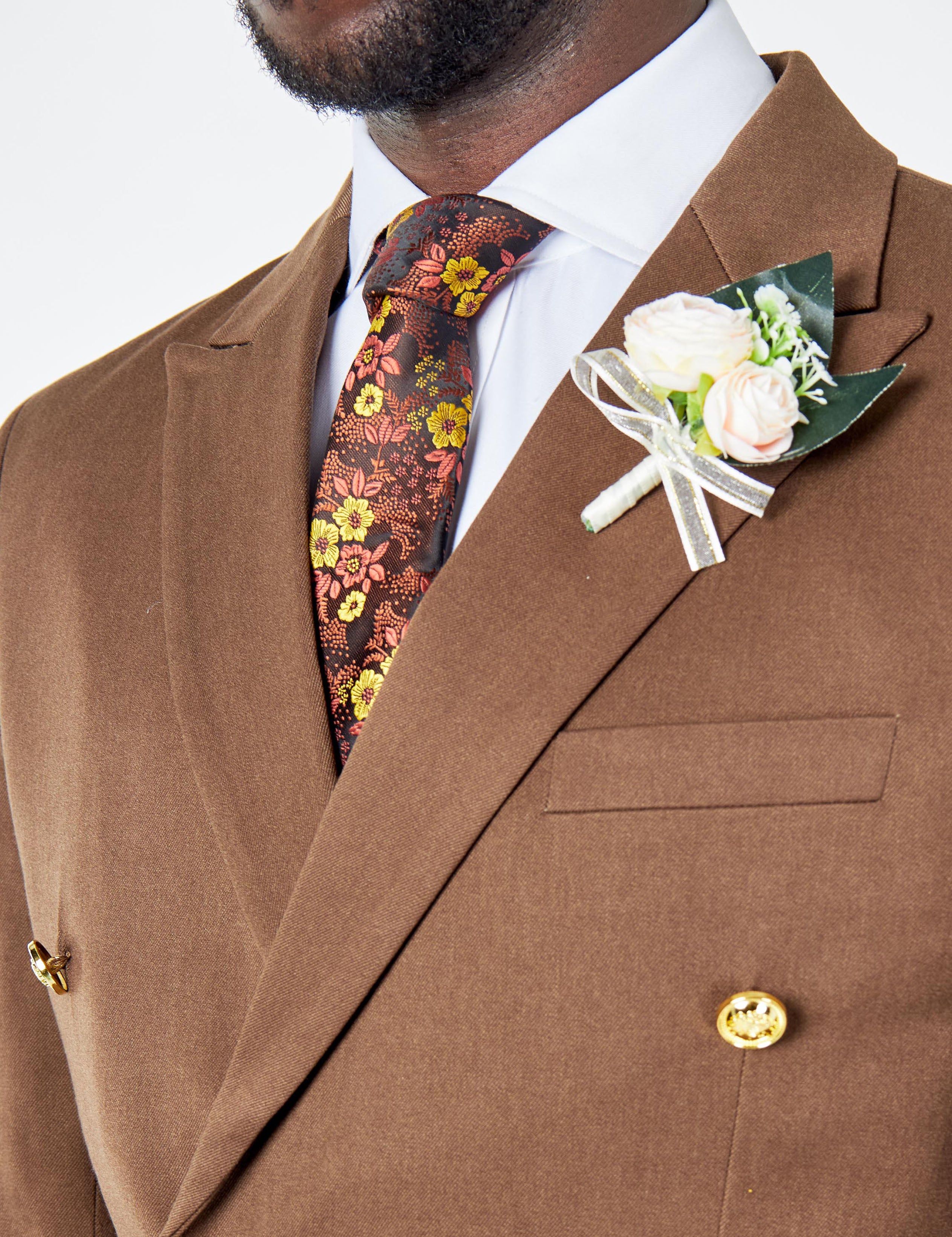 EZRA – BROWN TAILORED FIT DOUBLE BREASTED SUIT WITH GOLD TONE BUTTONS