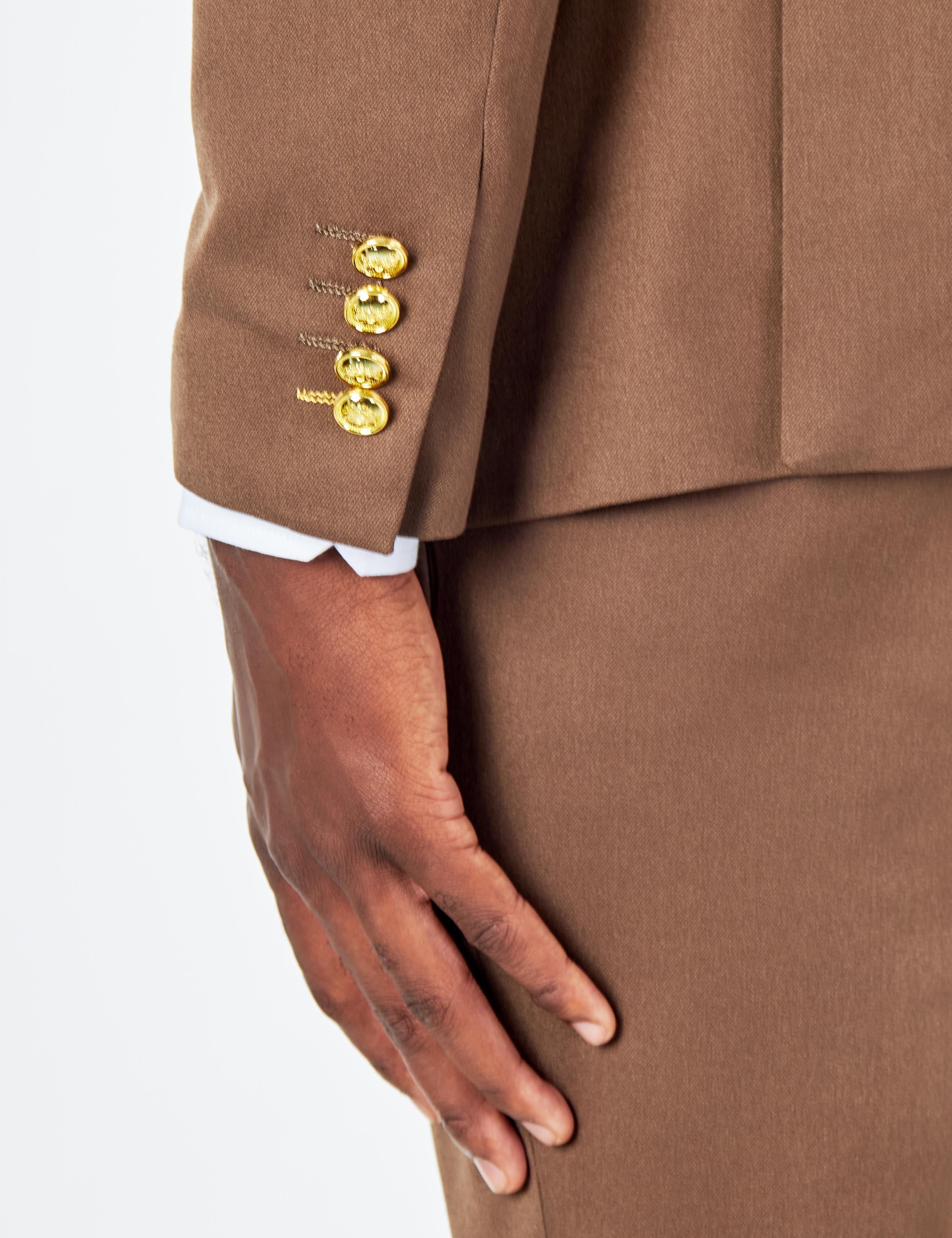 EZRA – BROWN TAILORED FIT DOUBLE BREASTED SUIT WITH GOLD TONE BUTTONS