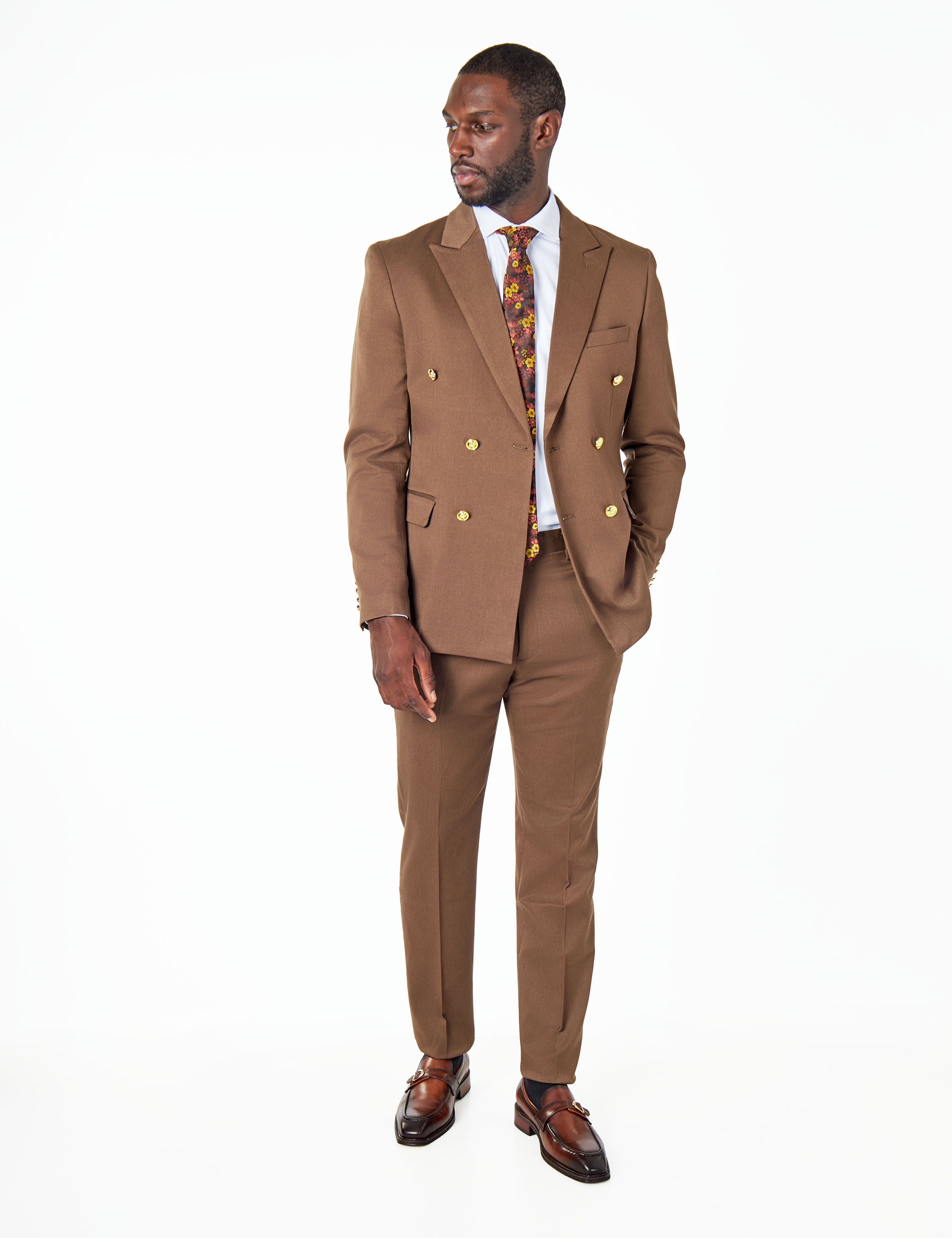 EZRA – BROWN TAILORED FIT DOUBLE BREASTED SUIT WITH GOLD TONE BUTTONS