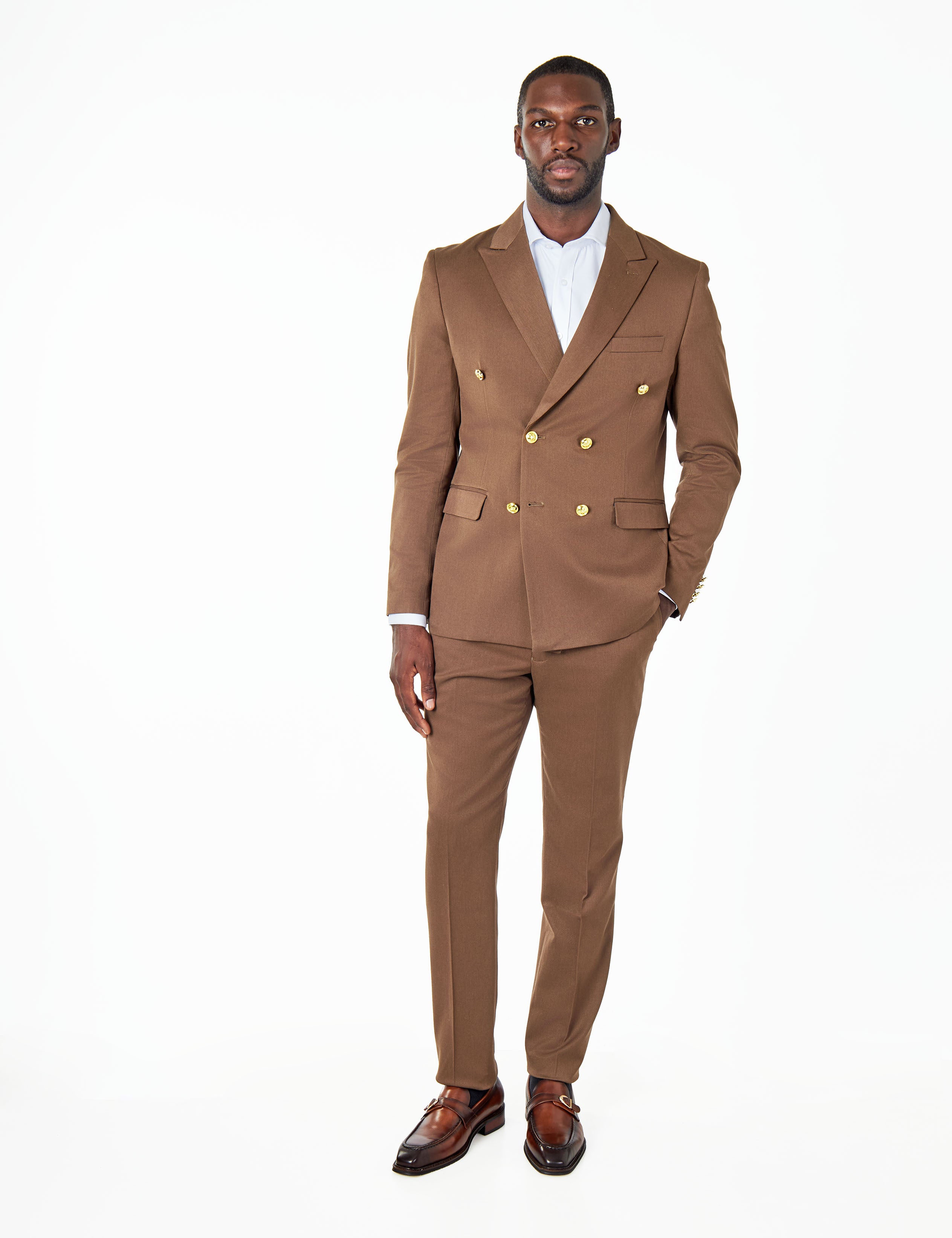 EZRA – BROWN TAILORED FIT DOUBLE BREASTED SUIT WITH GOLD TONE BUTTONS