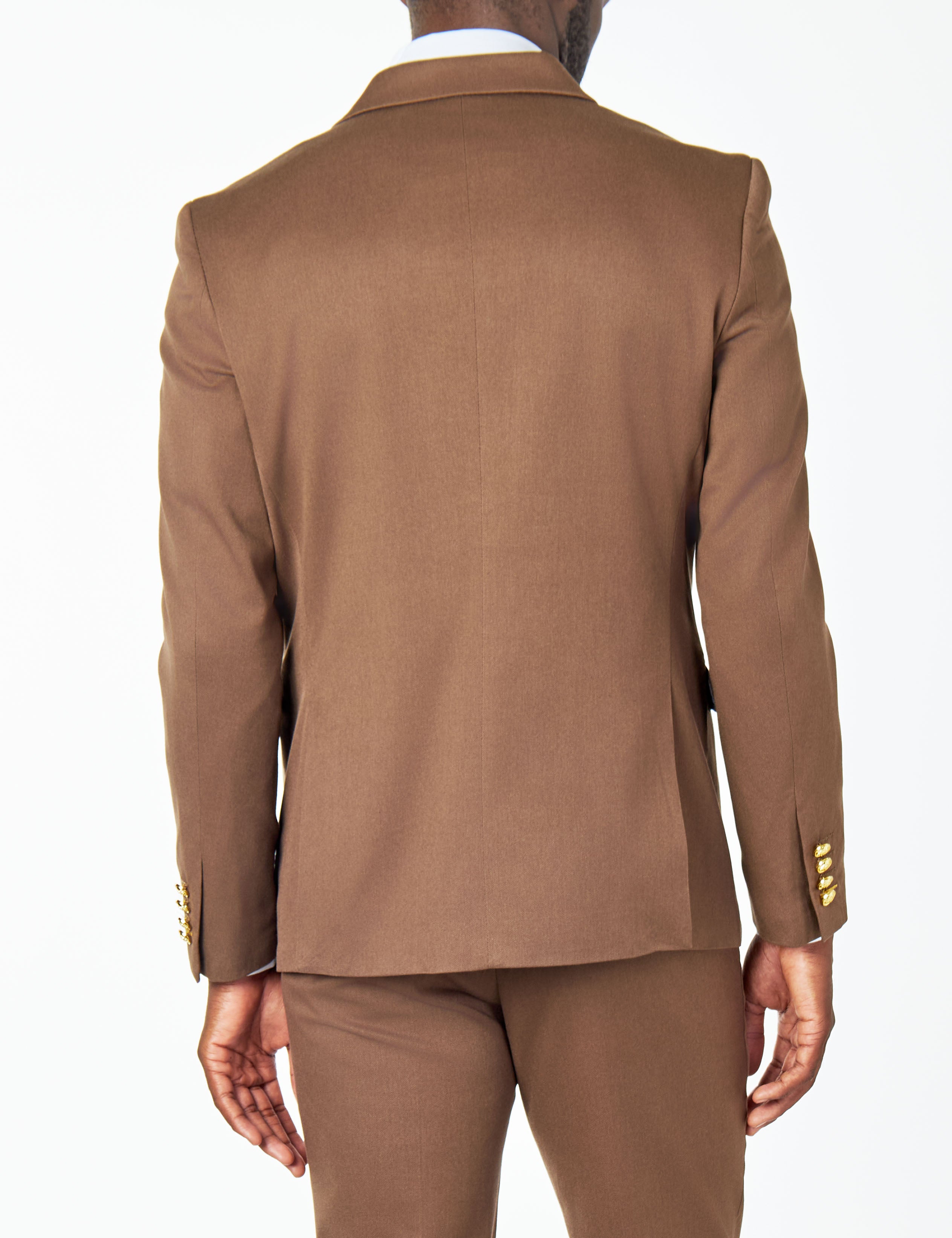 EZRA – BROWN TAILORED FIT DOUBLE BREASTED SUIT WITH GOLD TONE BUTTONS