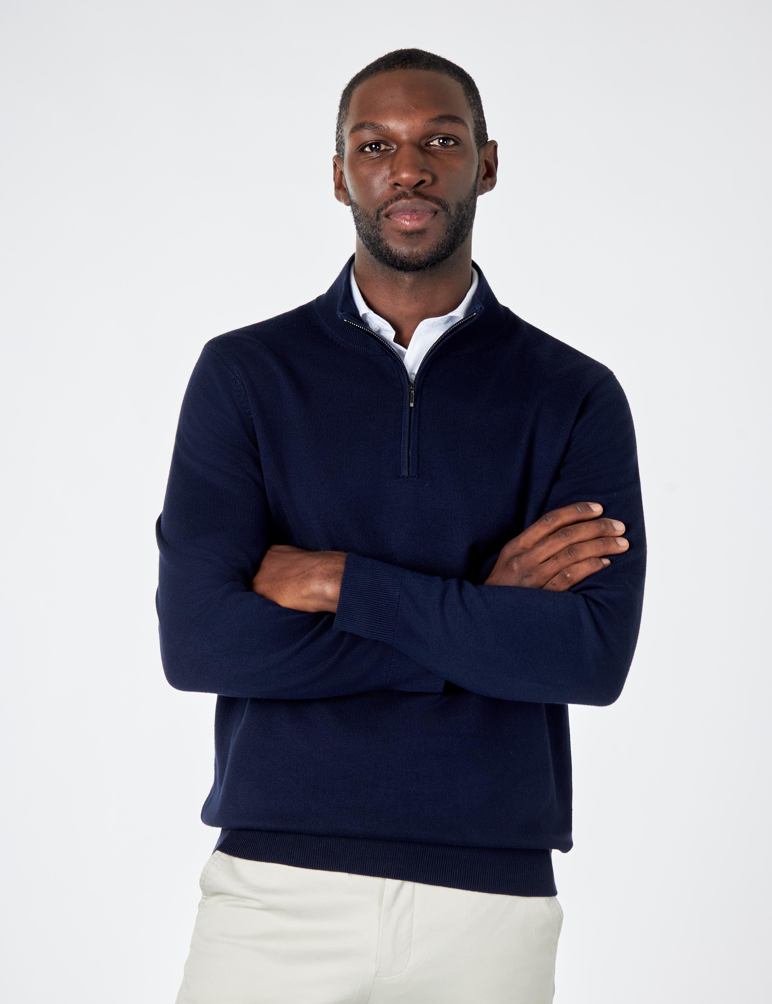 NAVY 100% COTTON KNIT ZIP NECK JUMPER