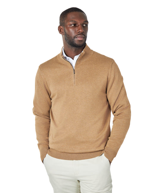 TAN 100% COTTON KNIT ZIP NECK JUMPER