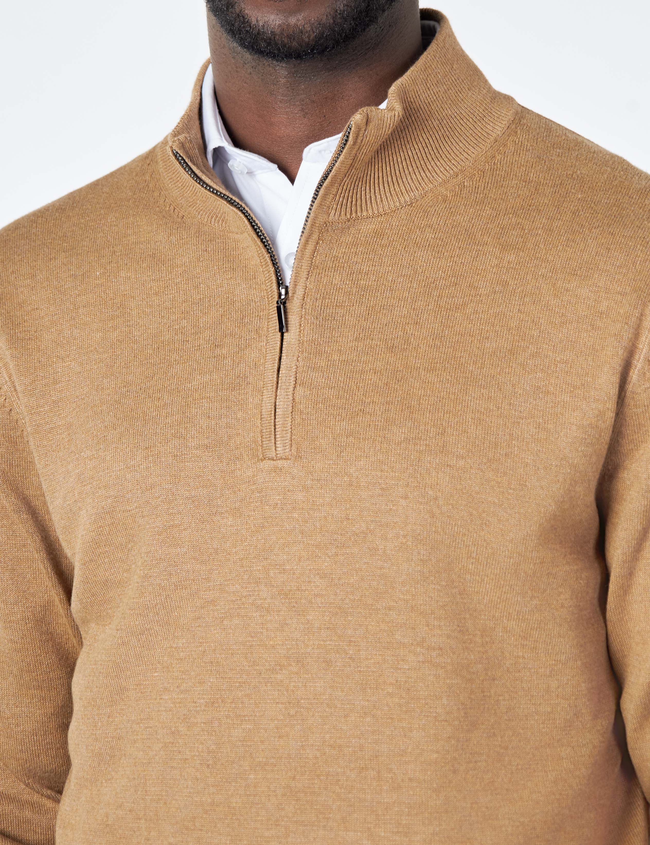 TAN 100% COTTON KNIT ZIP NECK JUMPER