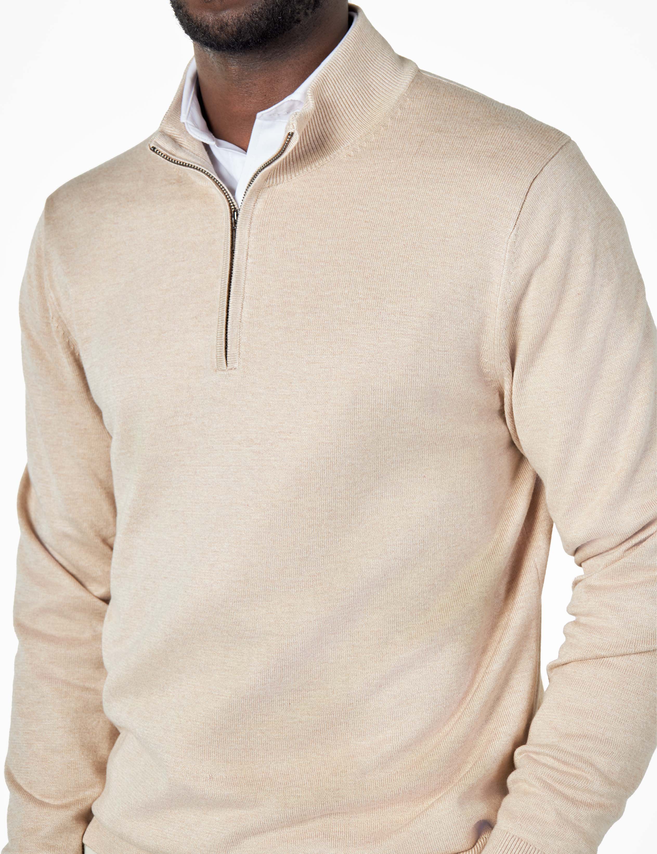 BEIGE 100% COTTON KNIT ZIP NECK JUMPER