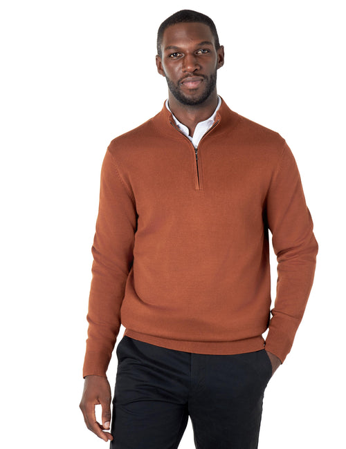 RUST BROWN 100% COTTON KNIT ZIP NECK JUMPER