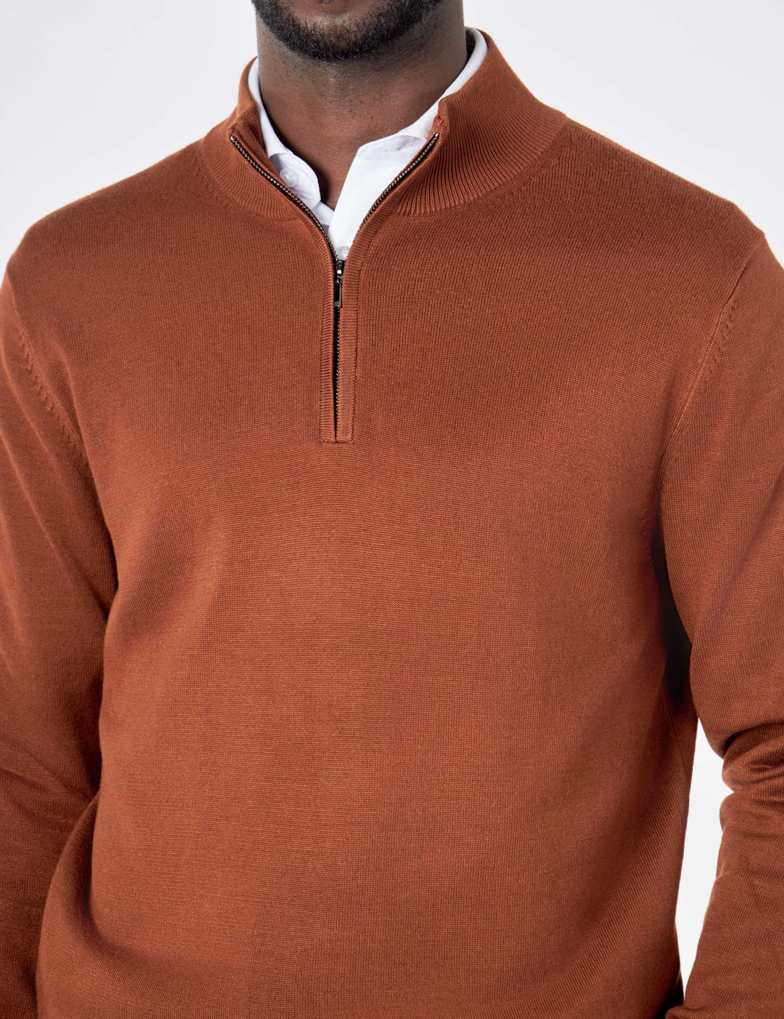 RUST BROWN 100% COTTON KNIT ZIP NECK JUMPER