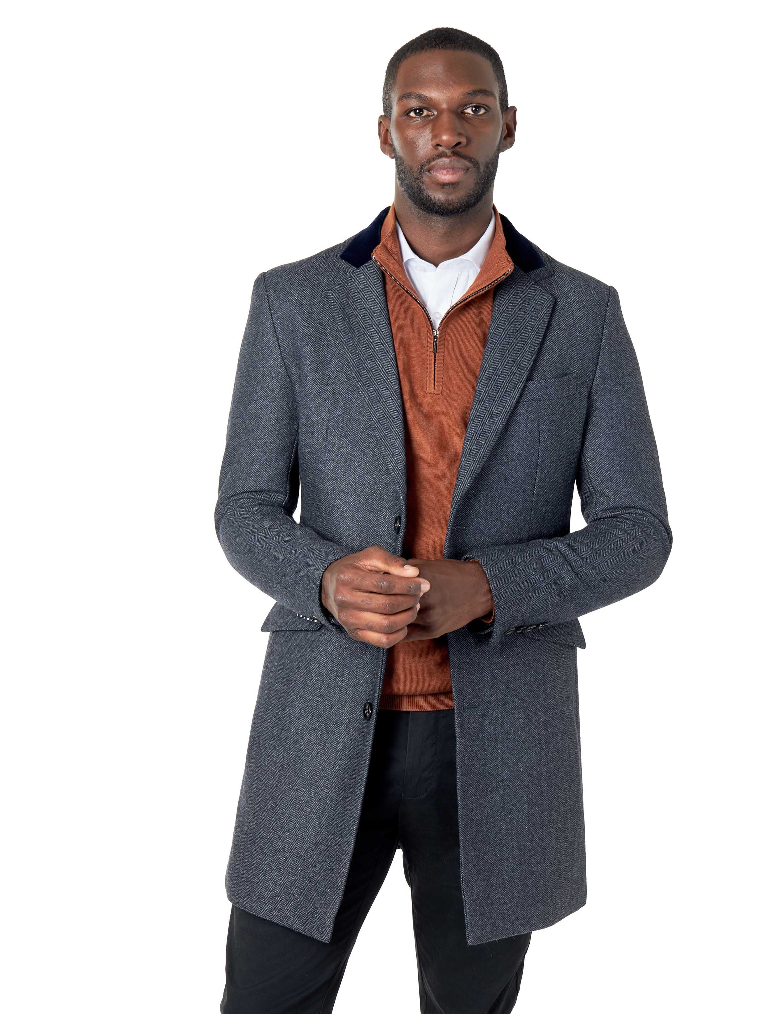 Mens Herringbone Long Overcoat Grey Wool Tailored Length Coat Jacket XPOSED