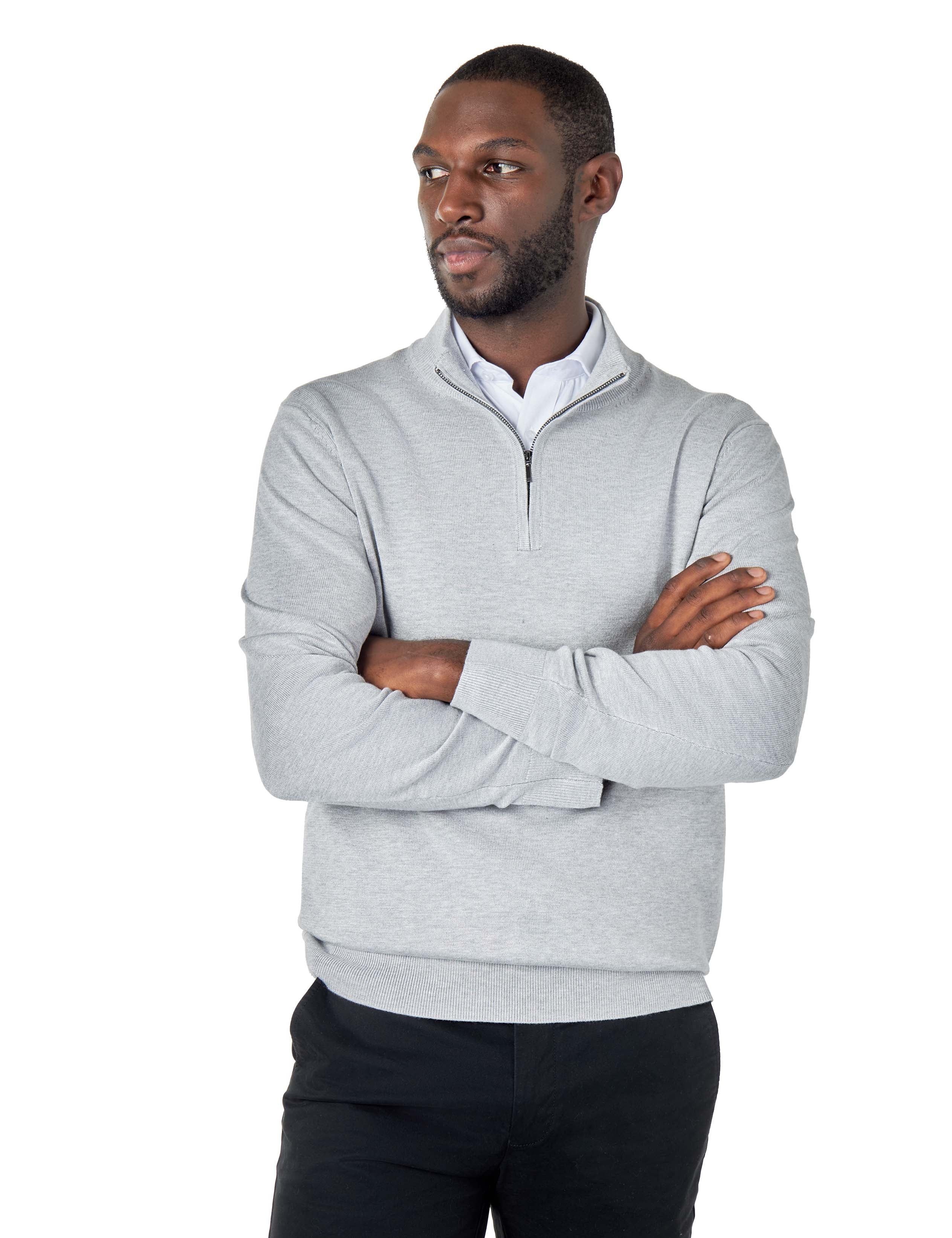 GREY 100% COTTON KNIT ZIP NECK JUMPER