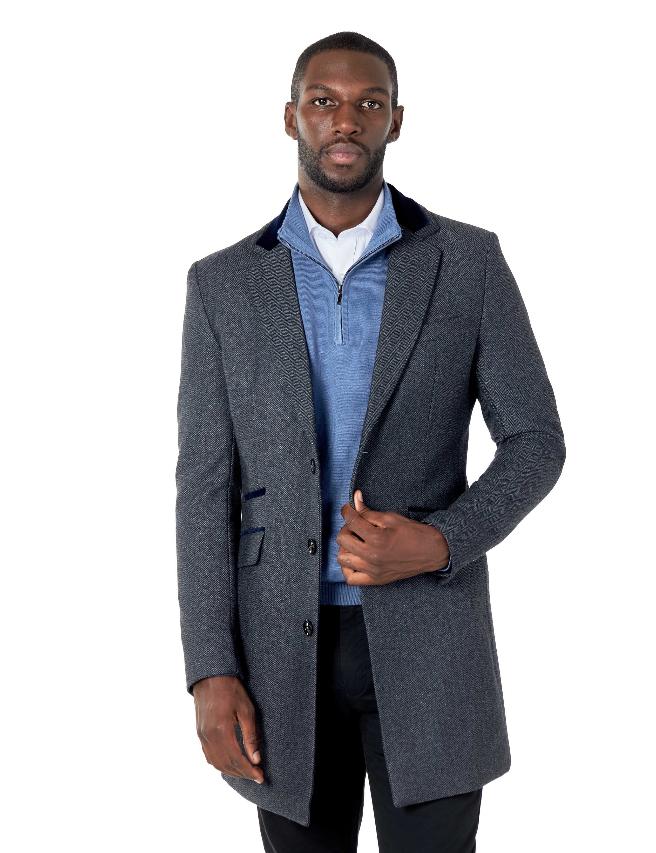 COSMO – GREY HERRINGBONE WOOL BLEND LONG OVERCOAT