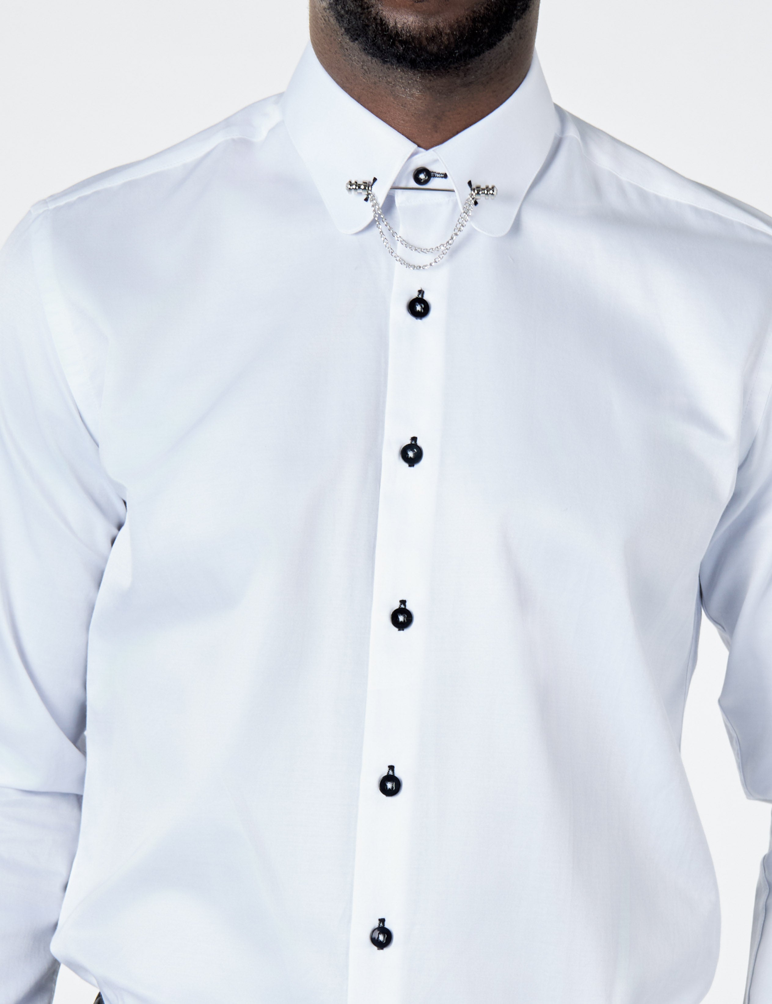 CLASSIC WHITE DRESS SHIRT PENNY COLLAR PIN BAR WITH CHAIN